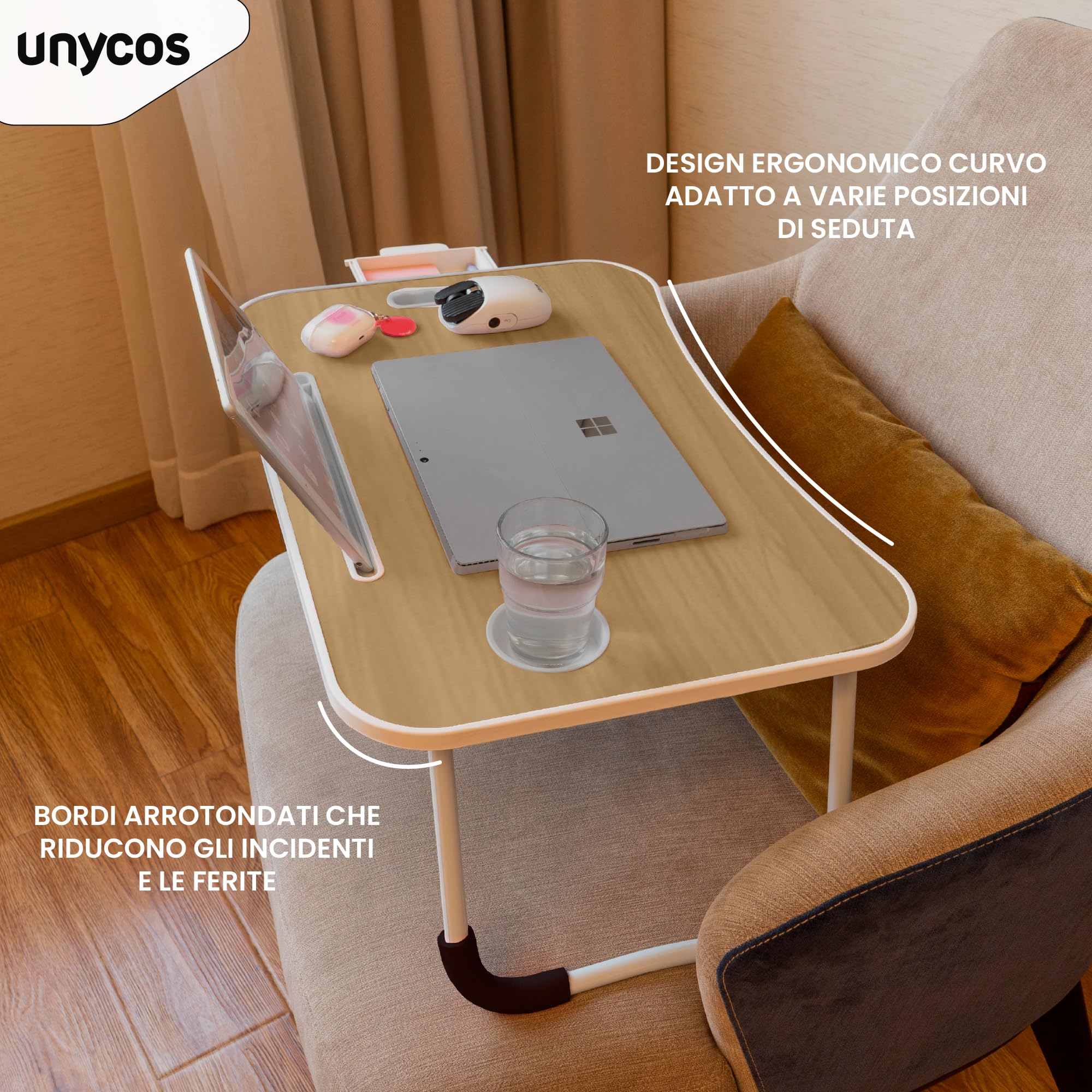 unycos - Vassoio per la Colazione e da Letto【60x40x26 cm】Tavolo Pieghevole con Leggio, Supporto Multifunzionale per Computer Portatile, Tablet, Lavorare, Leggere (Noce con Cassetto)