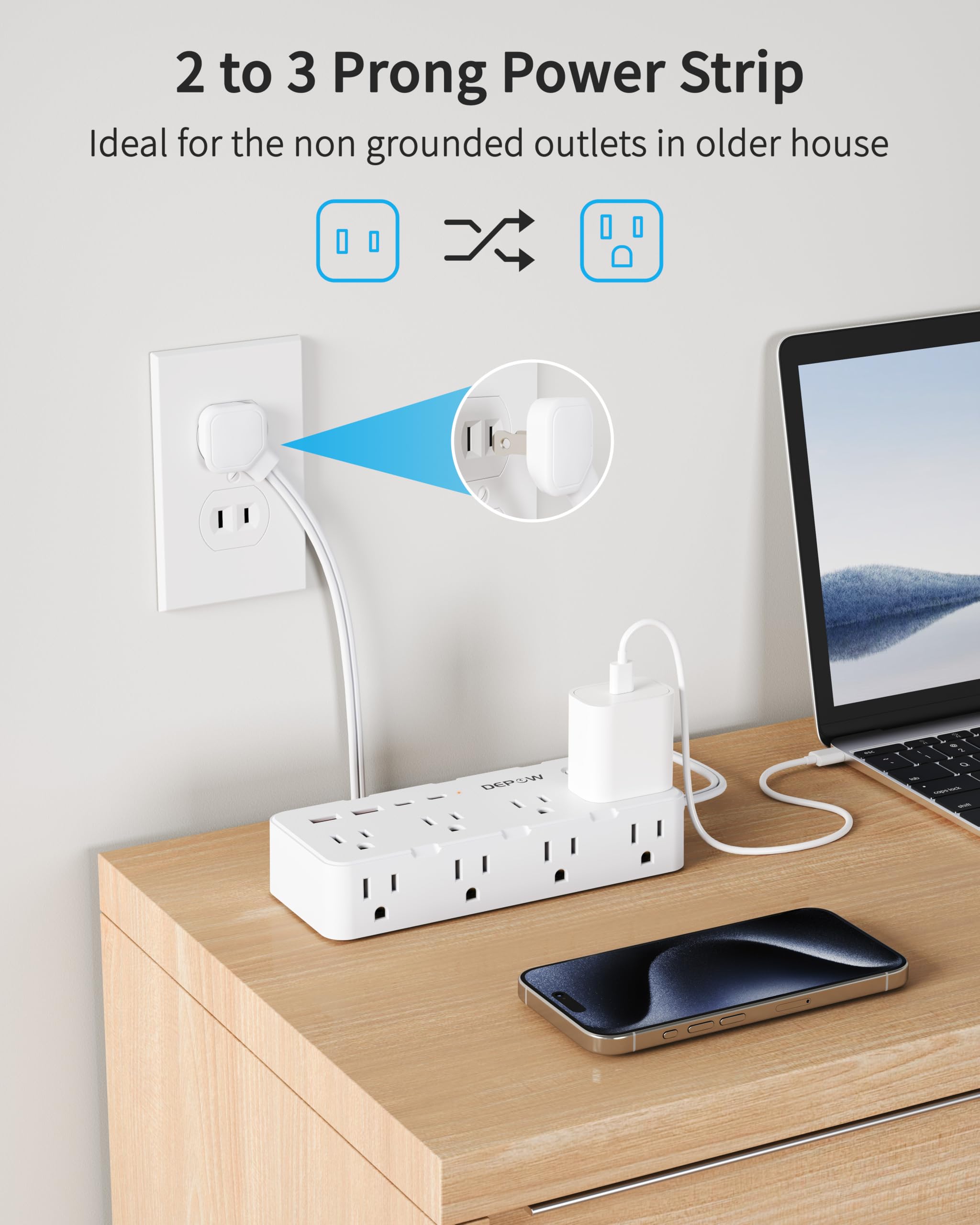 DEPOW - 2-pinowa listwa zasilająca, przedłużacz 5 stóp z wieloma gniazdami, 8 wyjść AC, 4 porty USB (2 USB C), stacja ładująca z wtyczką flagową, ochrona