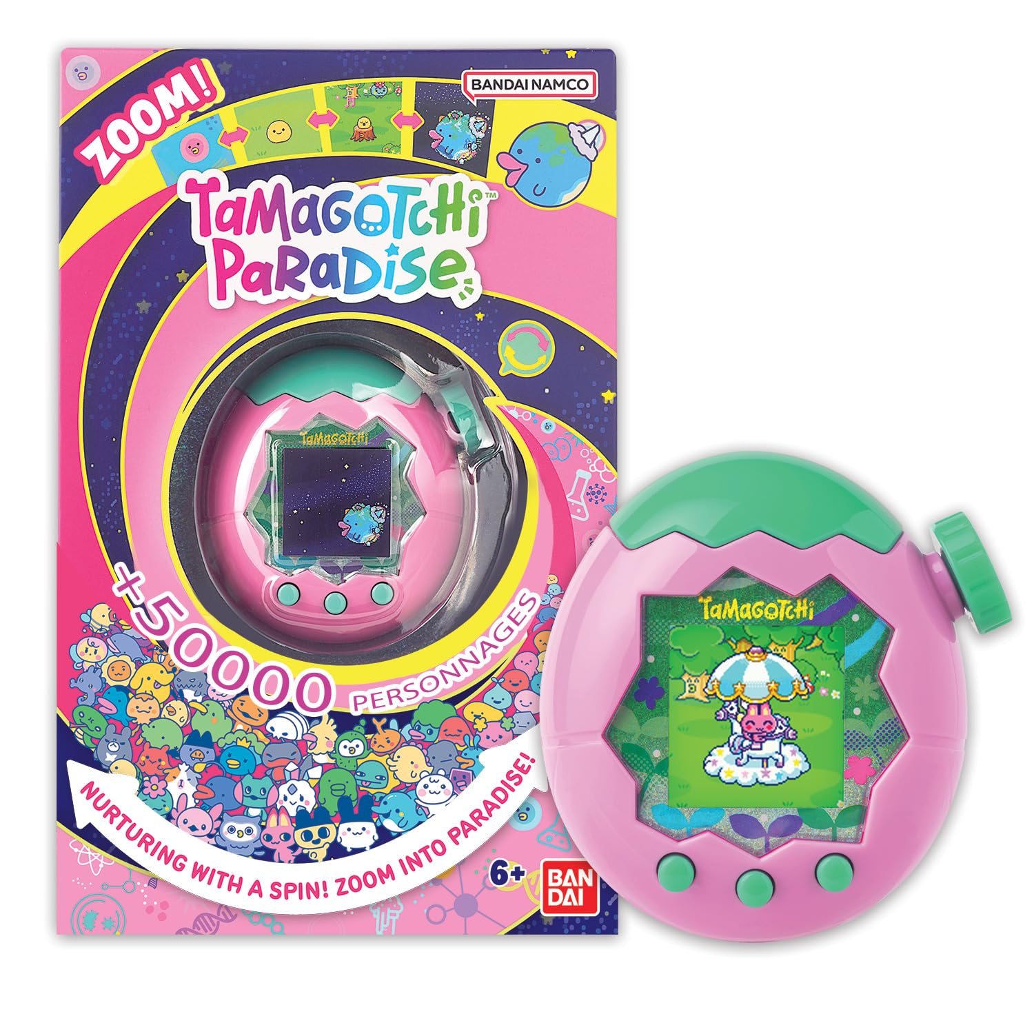 Bandai - Tamagotchi Paradise Terre - Animal Virtuel à élever - Tamagotchi avec molette de Zoom - Jouet Interactif en français - Modèle Terre Rose et Vert - Jouet Enfant 6 Ans et + - 43421 - 1