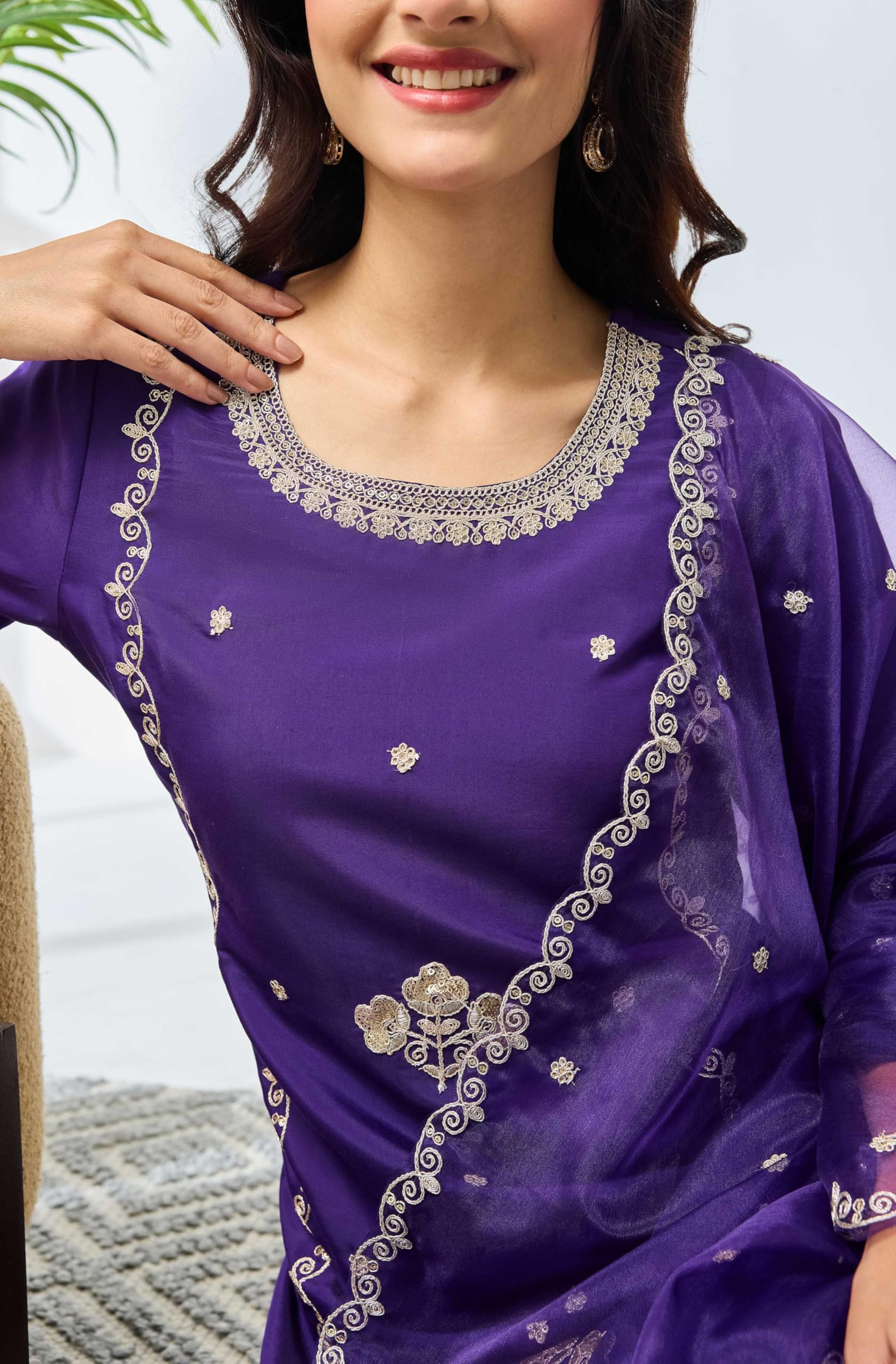 Janasya Women's Purple Silk Blend Embroidered Straight Kurta Set product image 7