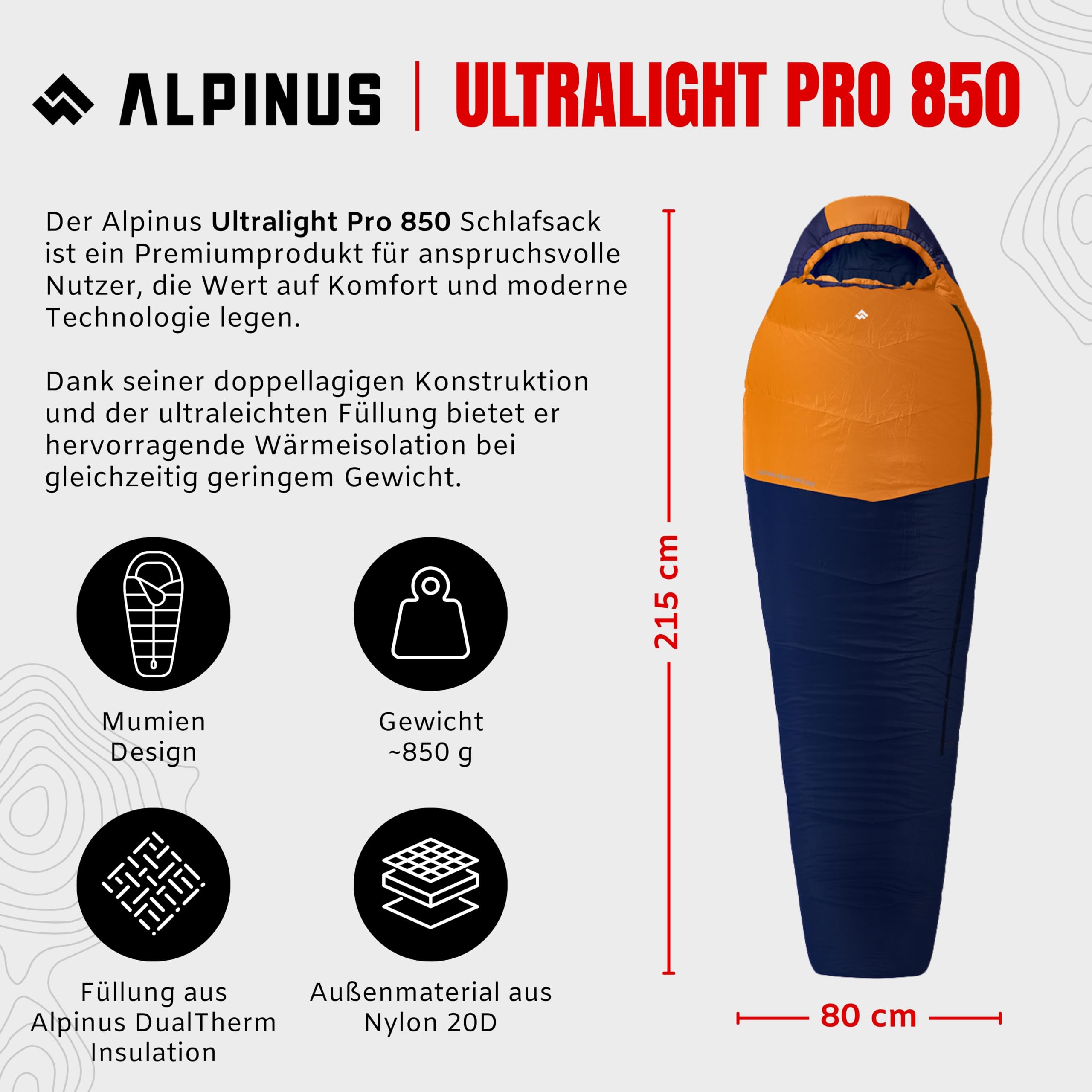 Alpinus - Śpiwór Turystyczny Ultralight Pro 850, Lekki Śpiwór Typu Mumia 215 x 80 cm, z Dwuwarstwową Izolacją, Kempingowy, Pokrowiec z Możliwością Kompresji