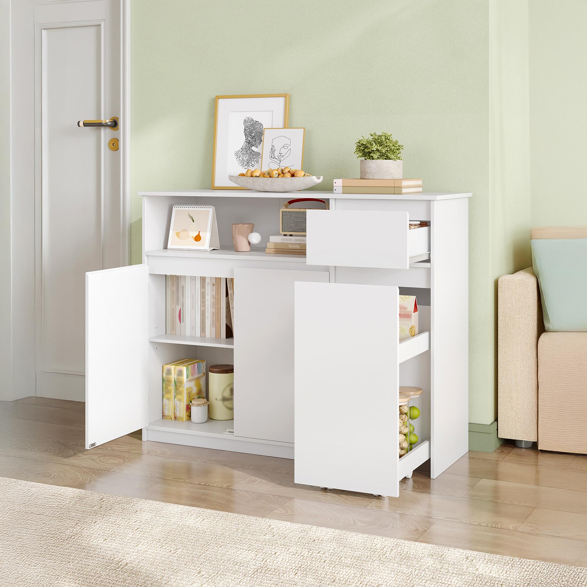 HEXCELEN Sideboard, Küchenschrank, Aufbewahrungsschrank mit Rollwagen, Schubladen und Verstellbaren Einlegeböden für Esszimmer, Küche und Wohnzimmer, Modern, 35 x 100 x 80 cm, Weiß