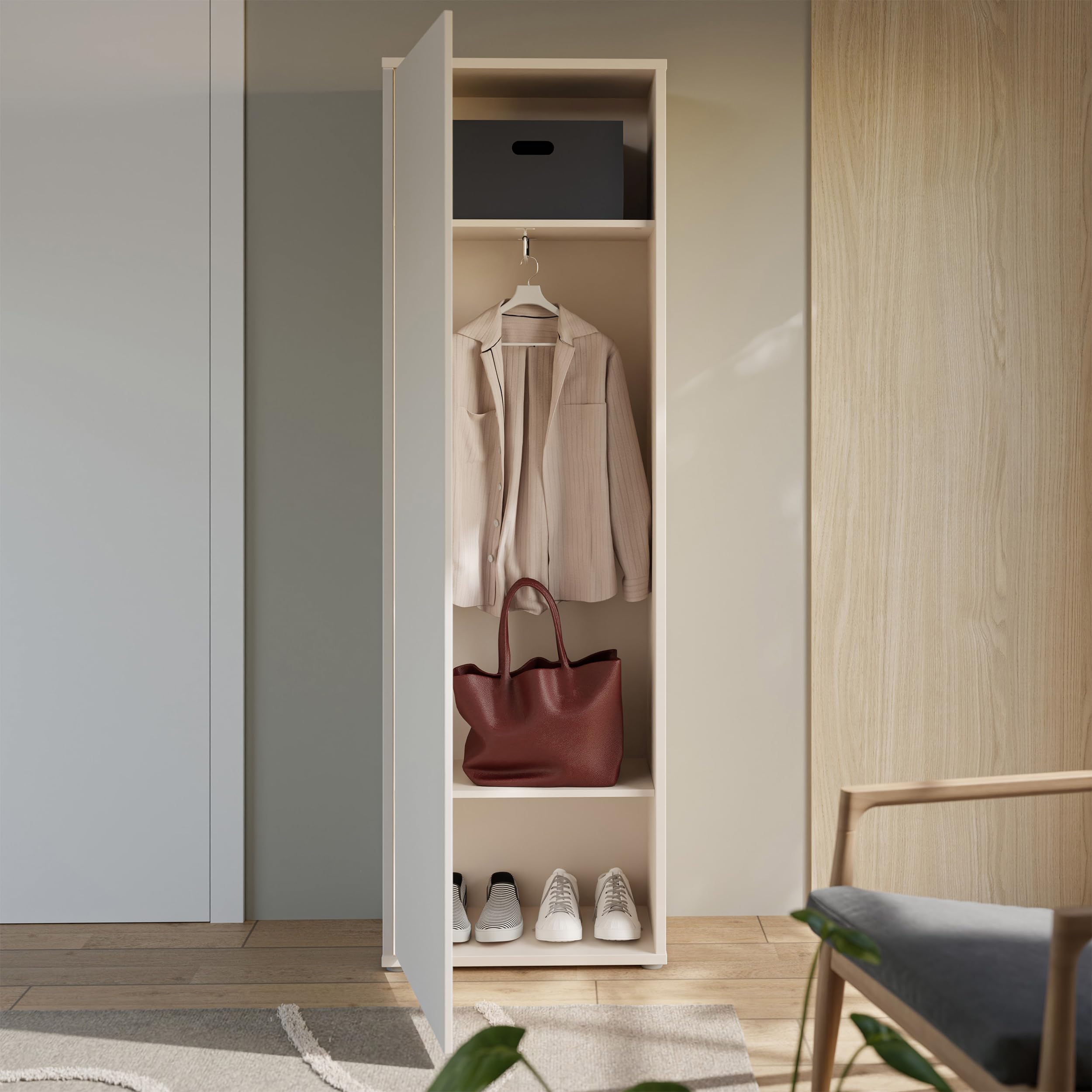 Forte Alice Springs Garderobenschrank 60, Moderne Garderobe mit Kleiderstange und Einlegeböden, Flur, Holzwerkstoff, Kaschmir Beige, 59,8 xm breit x 191,9 cm hoch x 34,9 cm tief