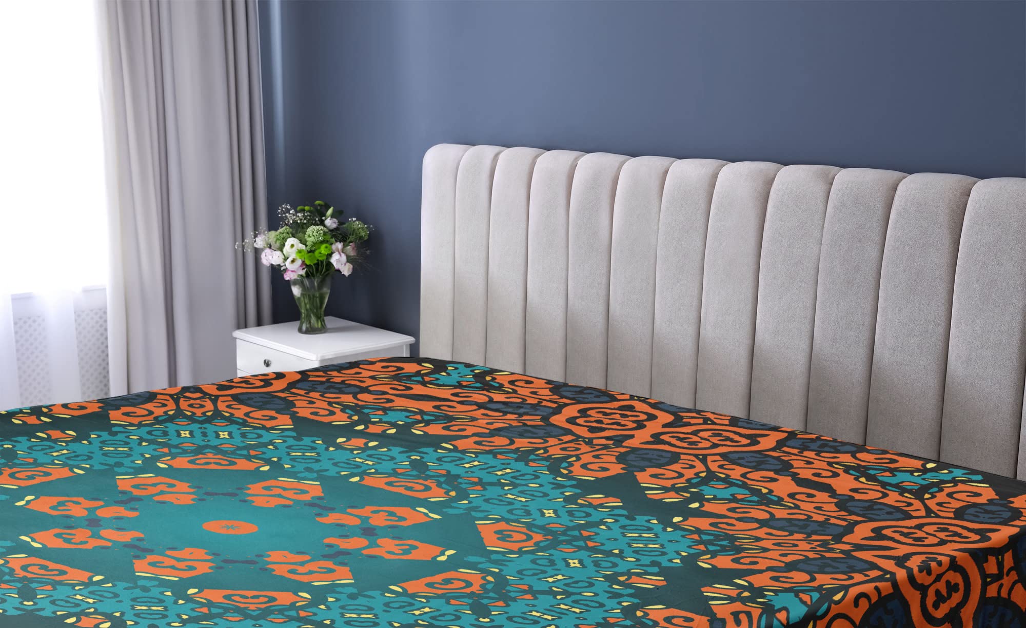 Ambesonne Psychedelic Fitted Sheet, Round Flowers Floral Patterns Surreal Motif Boho Hippie Style Image, Bed Cover with All-Round Elastic Deep Pocket for Comfort, King Size, Orange Teal