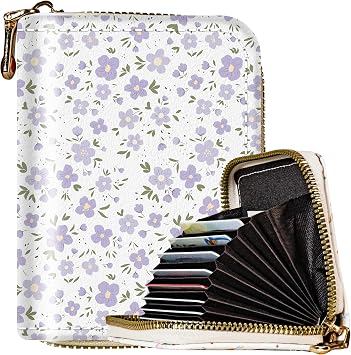 METALPHA Credit Card Holder for Women, Aesthetic Floral RFID Credit Card Wallet with Zipper, Cute Flowers Mini Leather ID Card Holders Small Flower Wallets