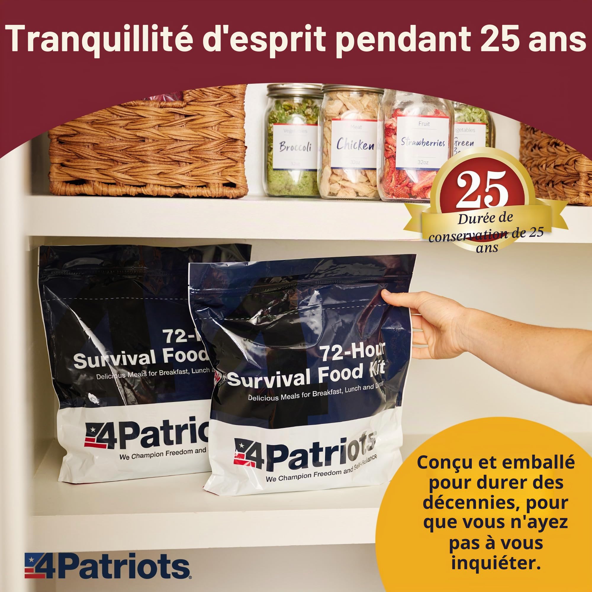 4Patriots Kit alimentaire de survie 72 heures : nourriture d'urgence résistante aux catastrophes avec une incroyable variété conçue pour durer 25 ans dans des sachets alimentaires d'urgence, 20
