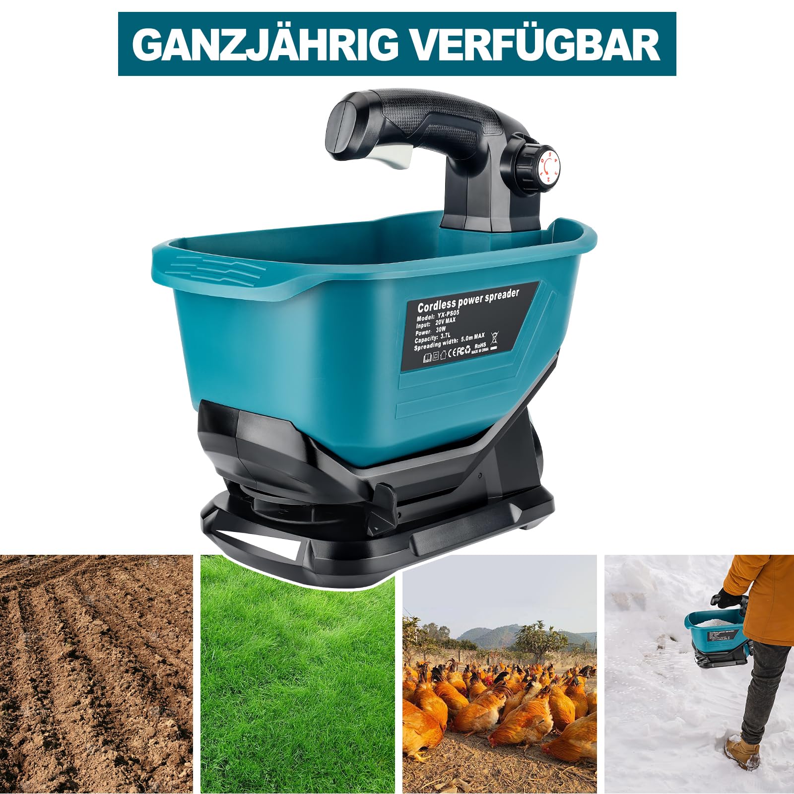 YEX-BUR Düngerstreuer für Makita 18V Lithium-Akku, Tragbar Handstreuer mit 5-stufige Drehzahlregulierung, 3,7 L, deckt bis zu 8.000 sq. ft. ab (ohne Akku)