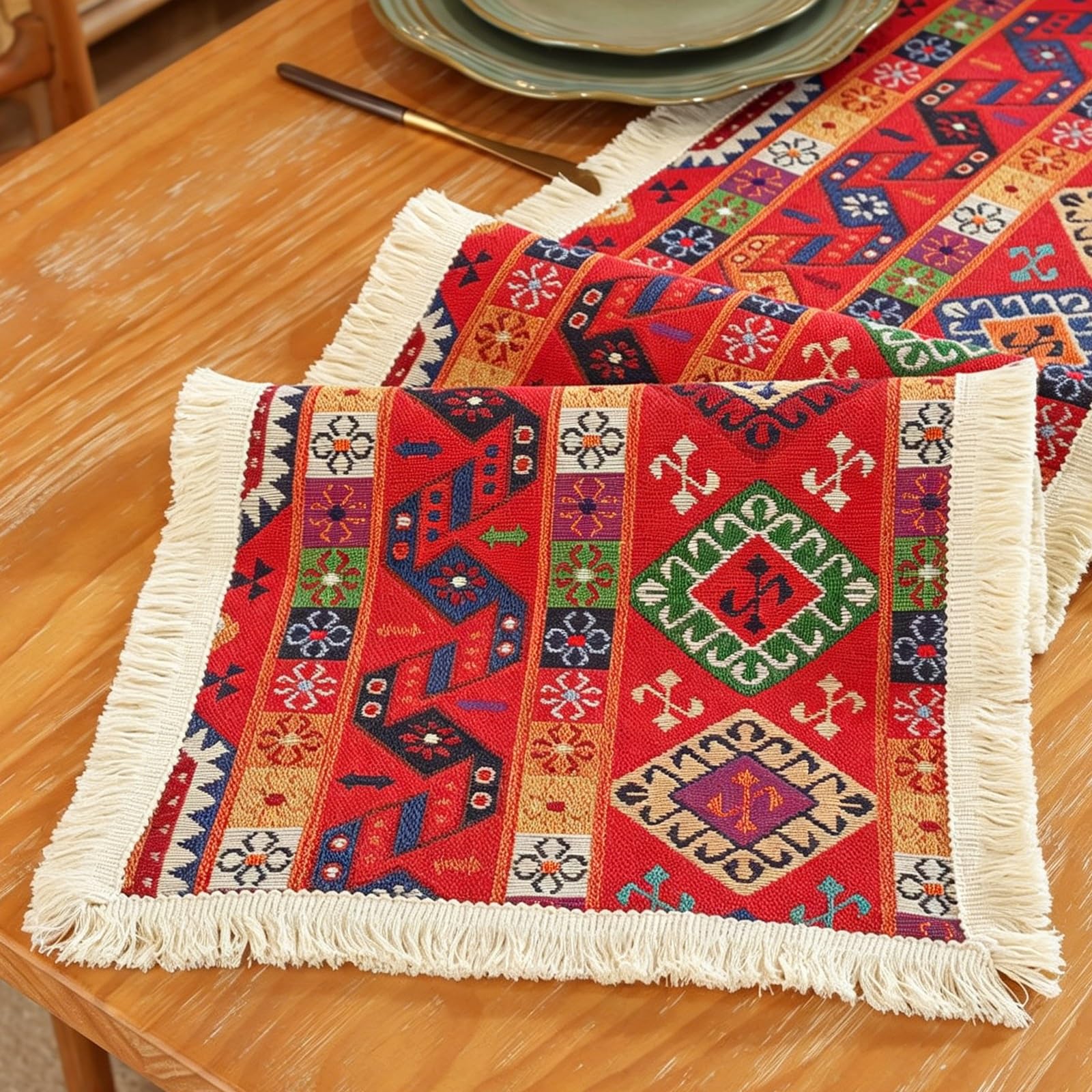 Floral-patterned Table Runner,Woven Tablecloth with Tassels,Farmhouse-style Decor Suitable for Dining Rooms, Sideboards, Kitchens, and Parties.(Red,L300cm/118.1in)