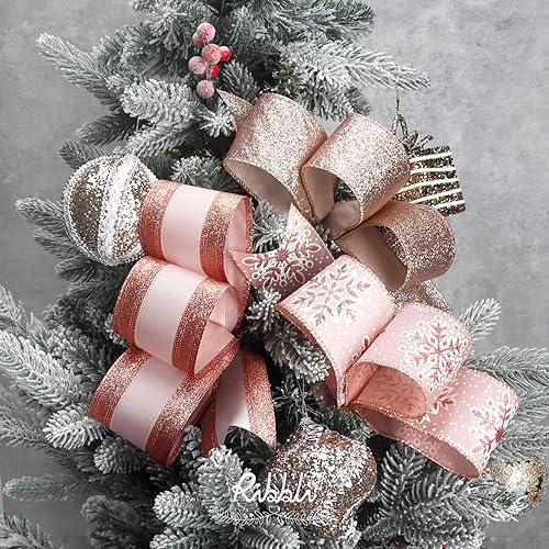 Miniatura 5 de Ribbli Cinta de Navidad con alambre de oro rosa para árbol de Navidad, copos de nieve, cintas con alambre con purpurina para manualidades, envoltura