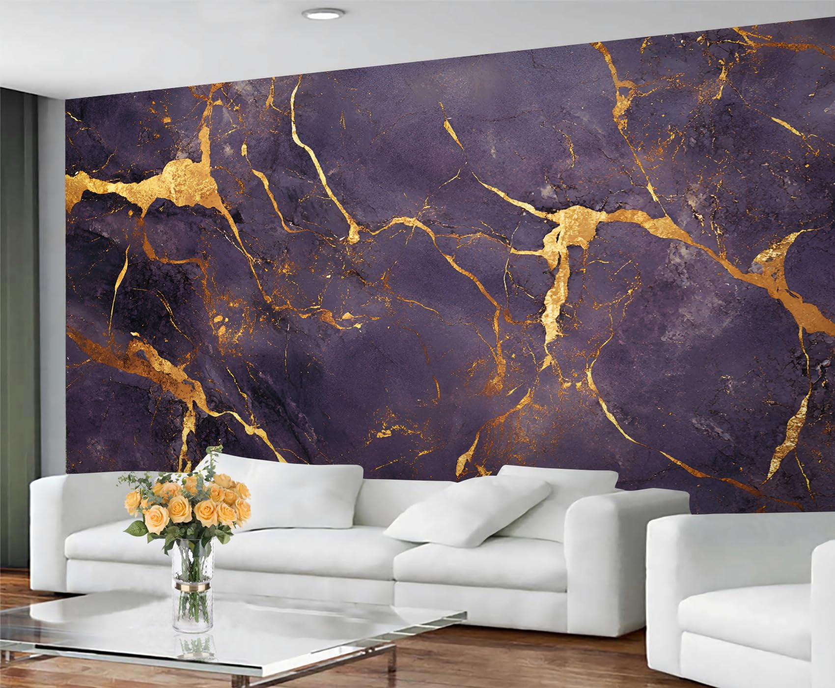 YXQAIED Marble Wallpaper, Vintage Dark Purple Wallpaper for Living Room, Abstract Crack Bedroom Wall Paper, Not Self Adhesive Purple Gold Marble 3D Large Mural & Home Decor Poster, 300x210cm