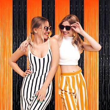 3 Pack Black Orange Foil Fringe Curtains Backdrop, 3.28 x 9.8 Ft Metallic Streamers Tinsel Curtains Background for Photo Booth, Birthday, Halloween, Christmas, Thanksgiving, New Year Party Decorations