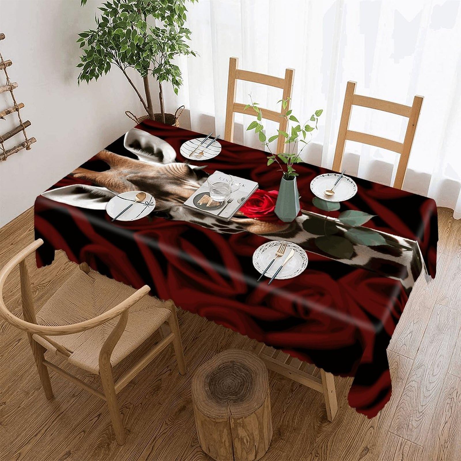 Fekiloot Style Giraffe Kissing Flower Tablecloths Heavy Duty Washable Fabric,Birthday Tablecloth-Wavy Edge Design,Polyester Table Cloth For Restaurant,Picnic,Indoor And Outdoor Dining60 X86