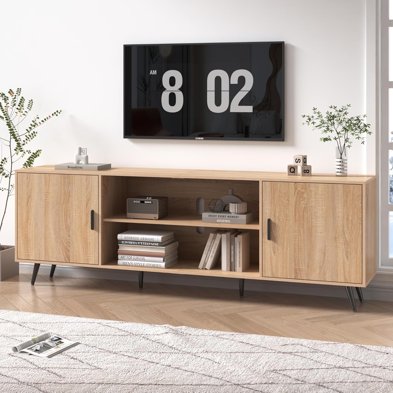 AUXSOUL 80 Inch Mid Century Modern TV Stand for 75 Inch TV, Wood TV Stand with Storage, Entertainment Center for Living Room Bedroom, TV Media Console, Oak