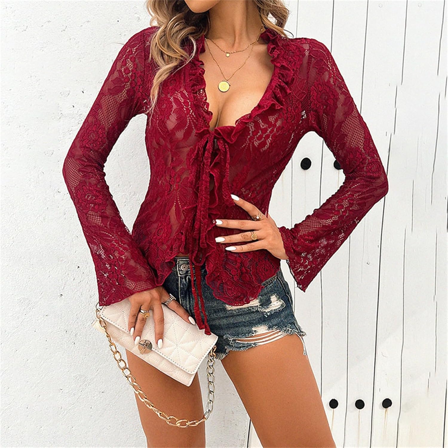 Lace Tops for Women Y2k Sexy Open Front Tie Long Sleeve Ruffle Trim See Through Mesh Crop Top Blouses Streetwear - Image 5