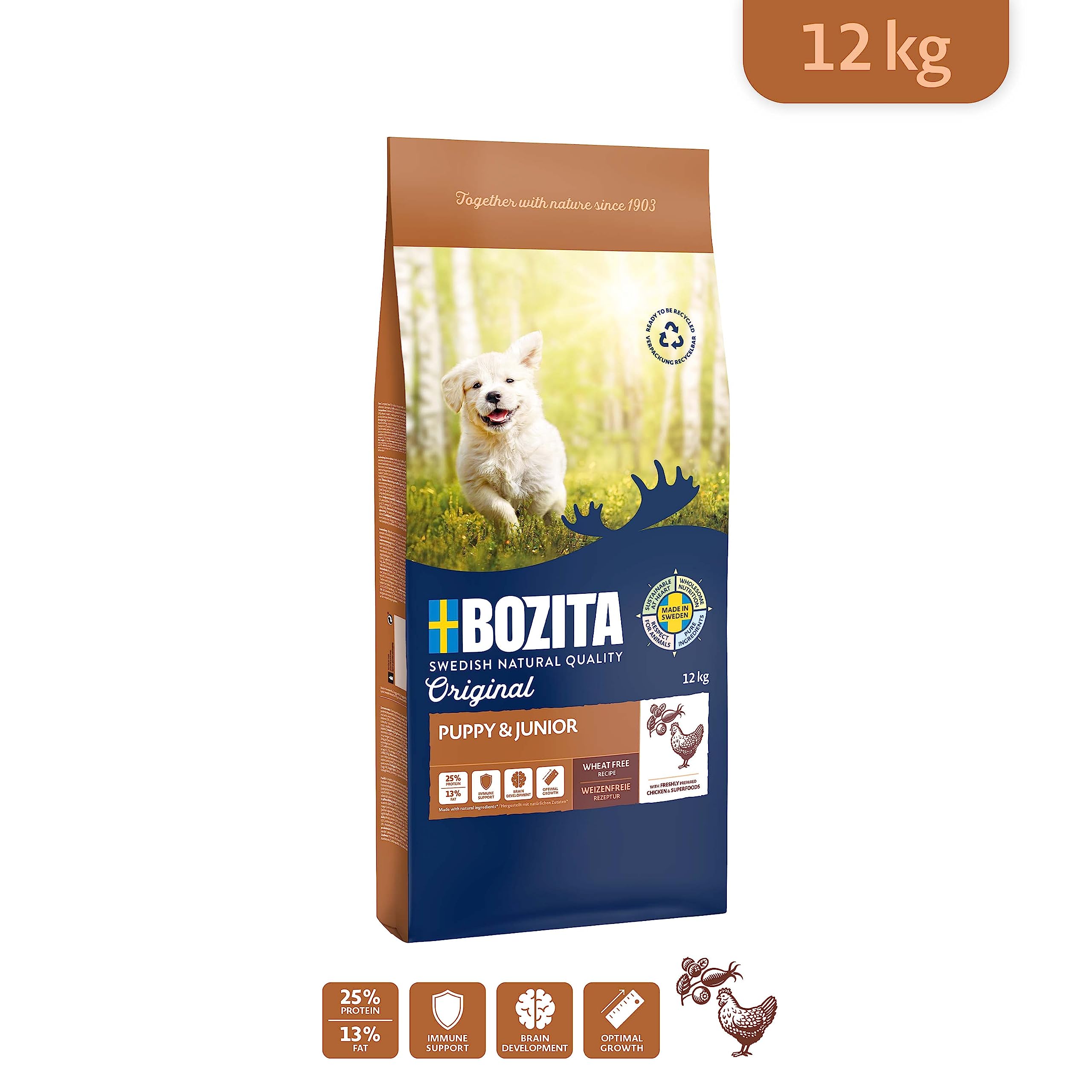Bozita Hundefutter Original Puppy & Junior Huhn – 12 kg weizenfreies Trockenfutter für Welpen, Junghunde bis zum Zahnwechsel sowie trächtige Hündinnen – vollwertige Ernährung für gesundes Wachstum
