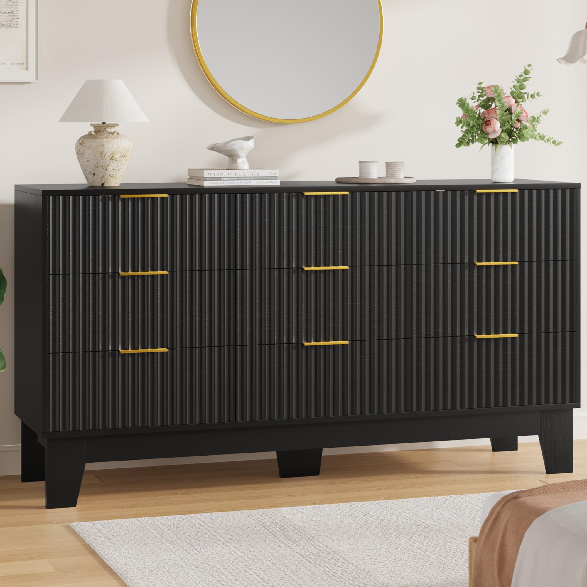9 Drawer Dresser for Bedroom, 59" Wide Fluted Chest of Drawers, Black