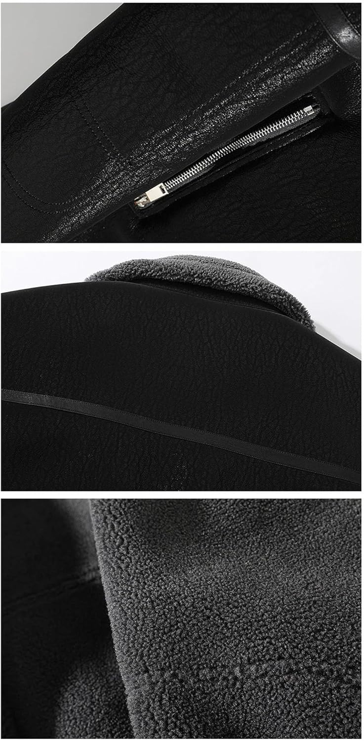 Men Suede Leather Thick Jacket Faux Lamb Wool Fur Turn-Down Collar Coat