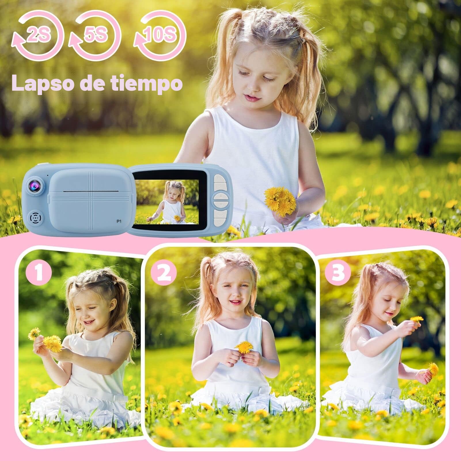Cámara Instantánea Niños, 3,5" 1080P Cámara Fotos Infantil con 4 Rollos de Papel de Impresión y Tarjeta SD de 32GB, 12MP Instantáneas Cámaras Niña para 3 a 14 Años Regalos Juguete (Azul)