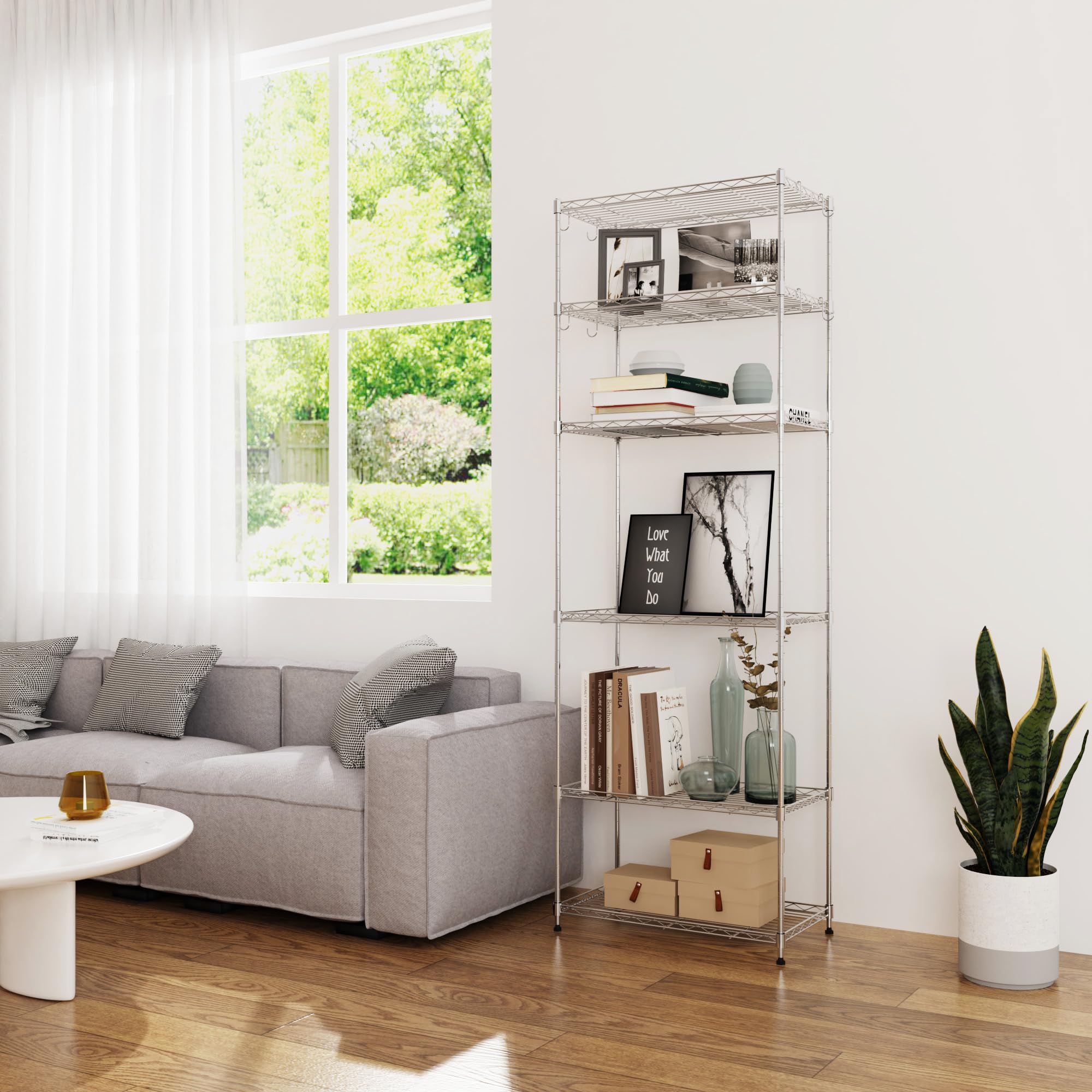 Mondeer Regał metalowy, 6-poziomowy, kuchenny regał do przechowywania z 8 haczykami, regulacja wysokości, do łazienki, salonu, na balkon, srebrny