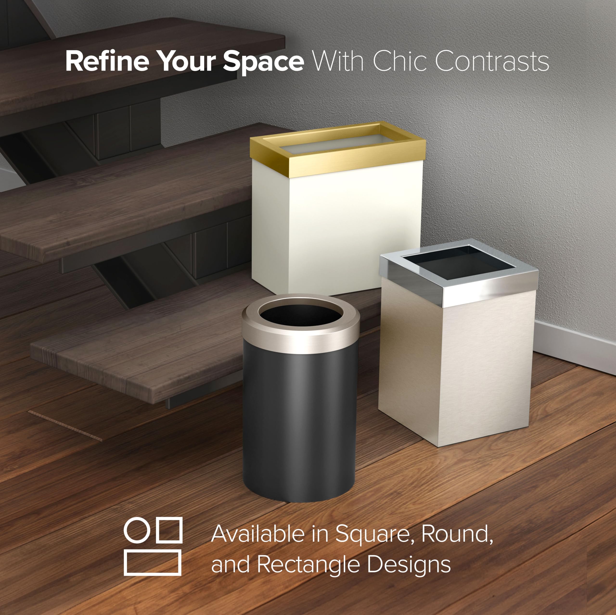 Gatco Modern Rectangle Wastebasket, Chrome - Stainless Steel Trash Can Removable Lid Leakproof 3 Gallon Capacity Bathroom Bedroom Kitchen Office