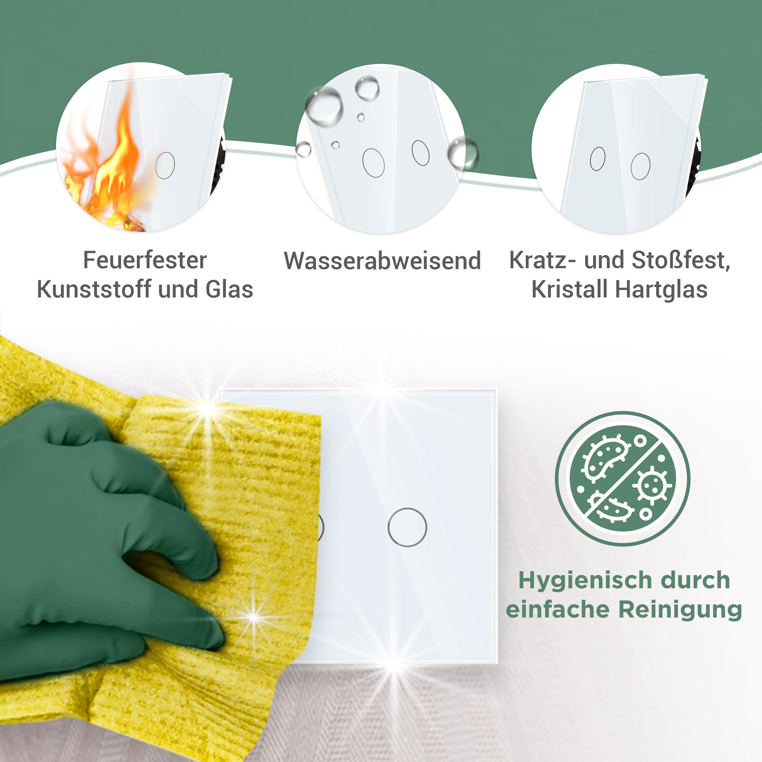 PULSAR Touch Schalter 230v Unterputz 3 Fach Glas Weiß, Sensor Lichtschalter Dreifach, Wandschalter mit LED Beleuchtung