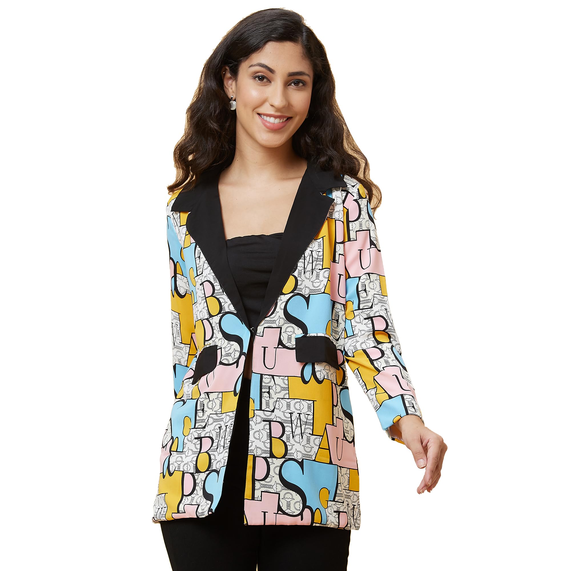 Women Typographic Print Lapel Collar Casual Open Front Blazer Jacket-3639998001-image-14