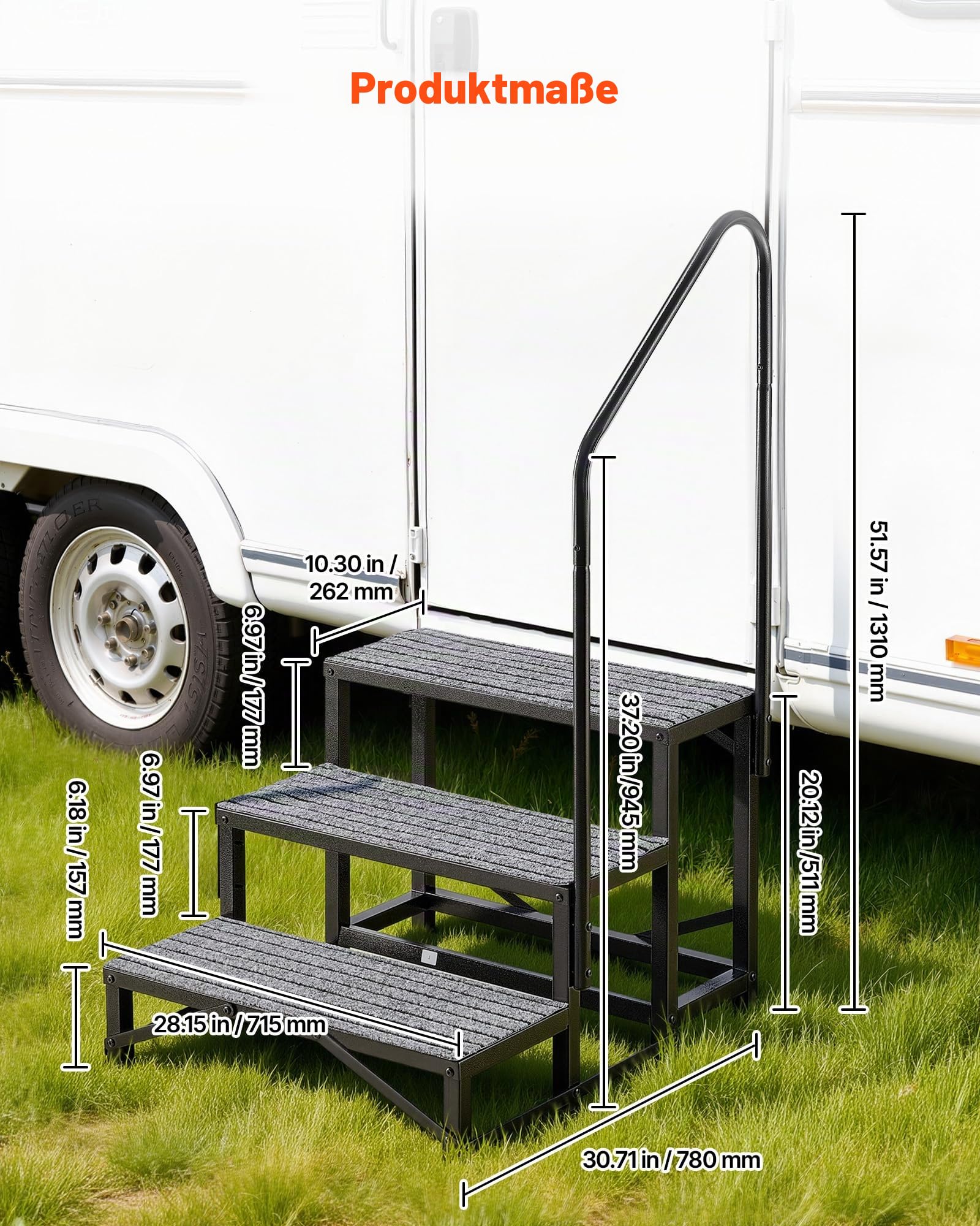 VEVOR RV Treppe mit Handlauf, 3-stufige Tragbare Standtreppe mit 299,38 kg Tragkraft rutschfeste Trittstufe für Camper Mobilheime Pool und Spa Robuste Außentreppe Ideal für Senioren und Haustiere