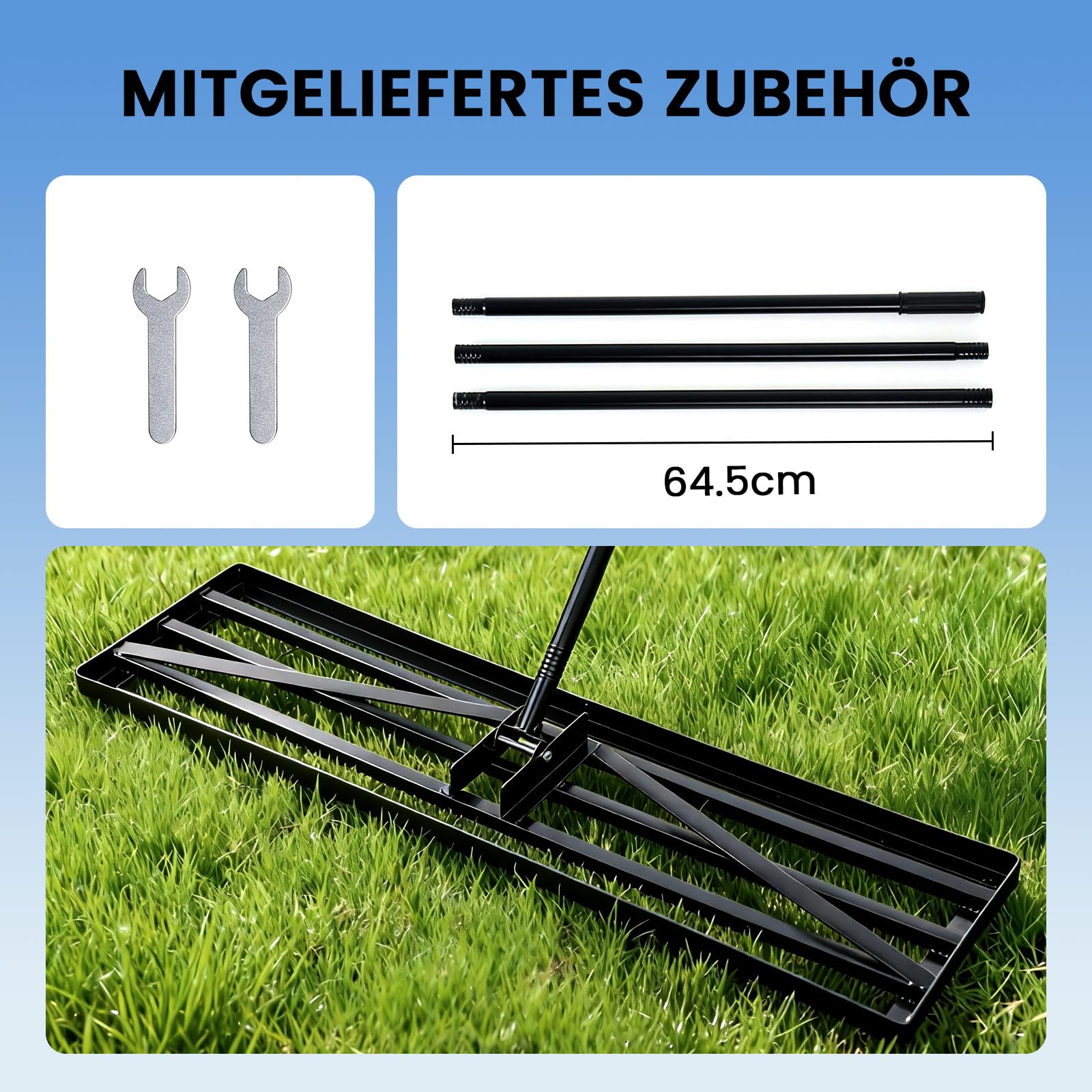 Rasenrechen, 110 x 30 cm, Gartenrasen-Nivellierrechen mit 210 cm extra langem Stiel Gartengerät zum mühelosen Nivellieren von Garten-, Golfplatz- und Farmrasenflächen (110 cm)