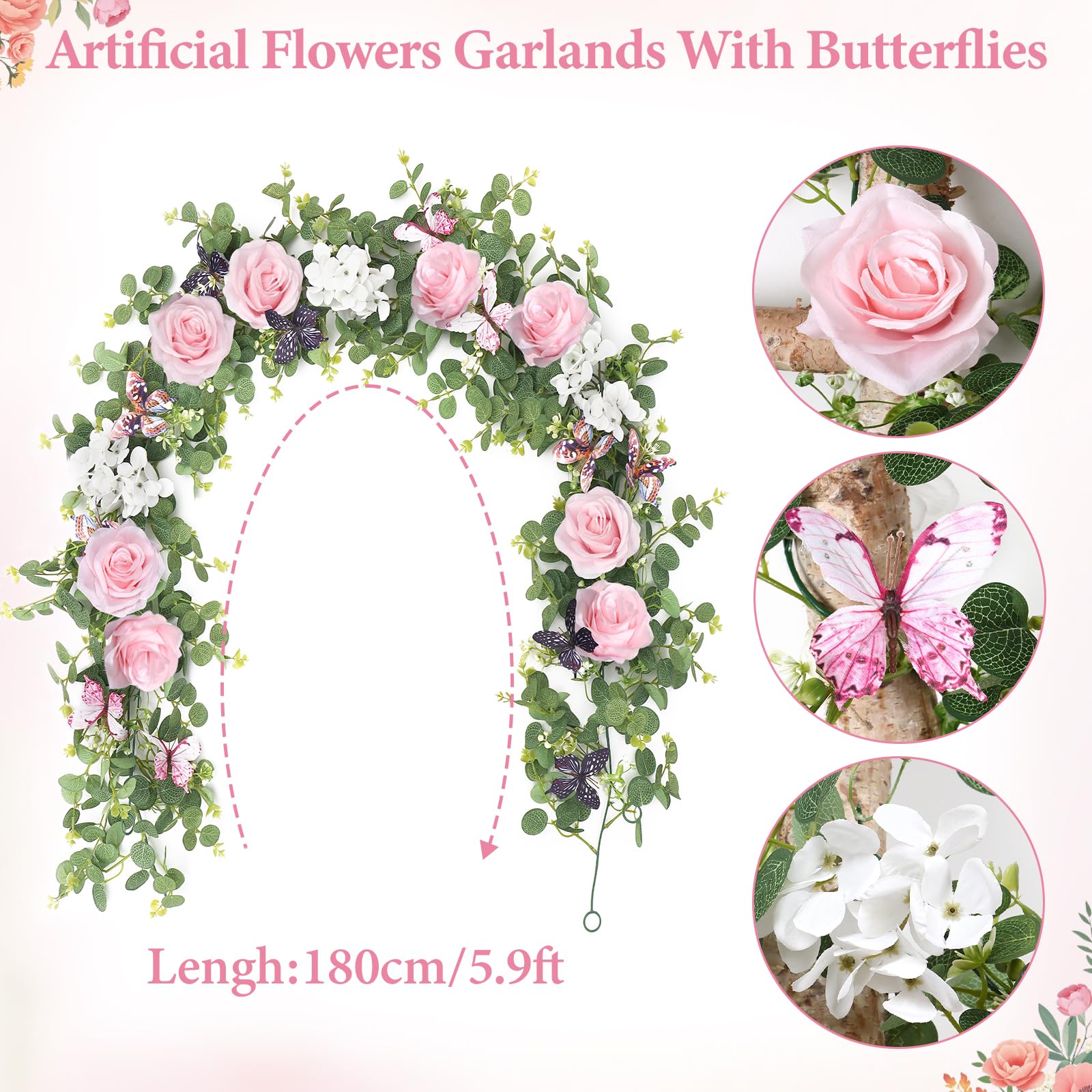 Künstliche Blumengirlande, Hortensien, Reben mit Schmetterlingen, hängende Blumen, grüne Eukalyptus-Girlande für Hochzeit, Zuhause, Party, Zimmer, Tischhintergrund, Dekoration, Rosa, 2 Stück