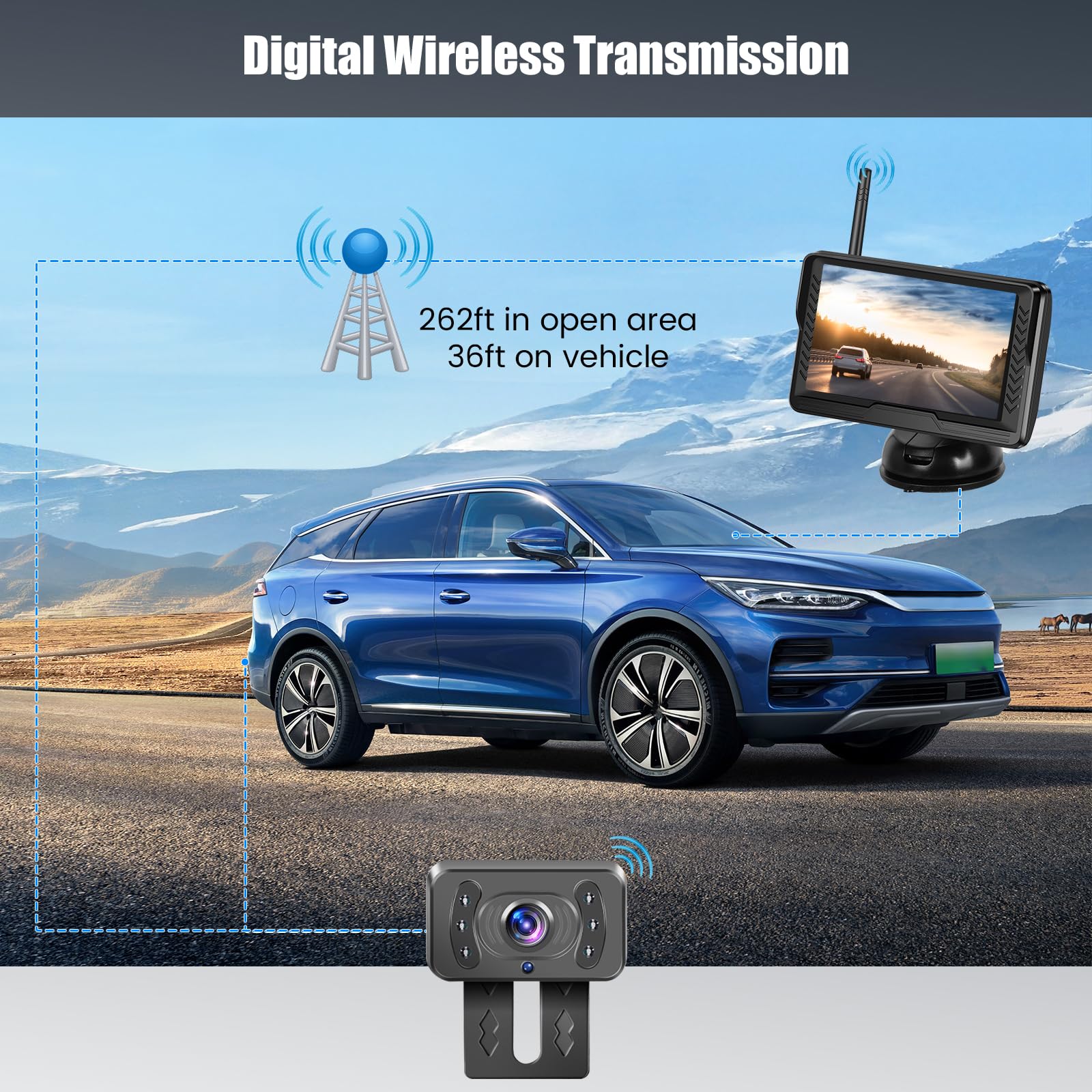 Kit Telecamera Retromarcia Wireless con Monitor LCD 5 Pollici AHD | Visione Notturna Superiore | Impermeabile IP69 | 12V per Auto, Camion, Furgoni e Rimorchi