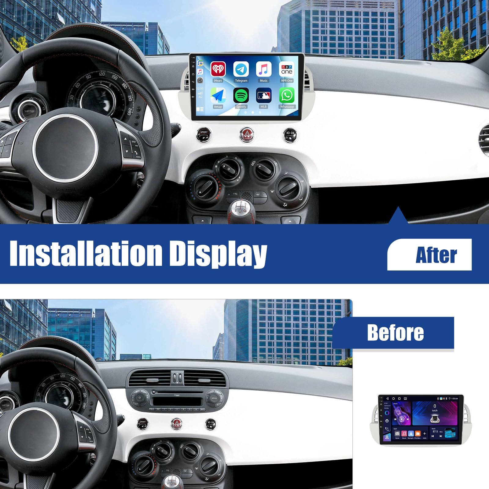 SIXWIN 4+64G Android 15 Autoradio per FIAT 500 2007-2015 con CarPlay/Android Auto/Mirror Link,9 Pollici HD TouchScreen Schermo con Navigatore WiFi Bluetooth 5.0 FM/RDS 32EQ+AHD Retrocamera