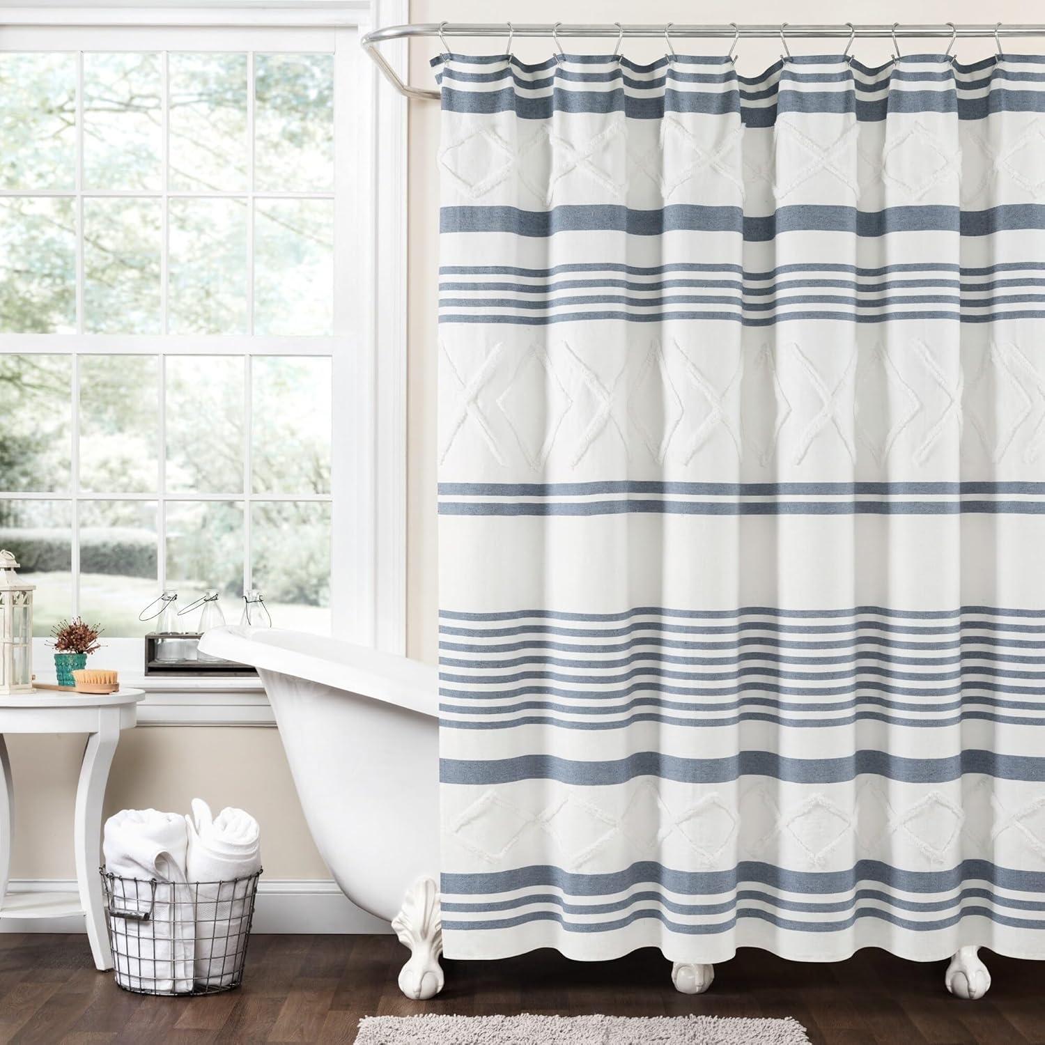 Lush Decor Urban Diamond Stripe Woven Tufted Shower Curtain Single 72" W x 72" L Navy - Striped Shower Curtains for Bathroom - White Bathroom Curtain