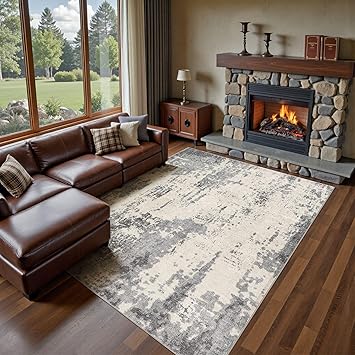 10x12 Area Rug Living Room Rugs - Washable Neutral Modern Abstract Soft Thin Rug Indoor Floor No Slip Rug Carpet for Bedroom Under Dining Table Home Office Decor - Grey/Light Brown