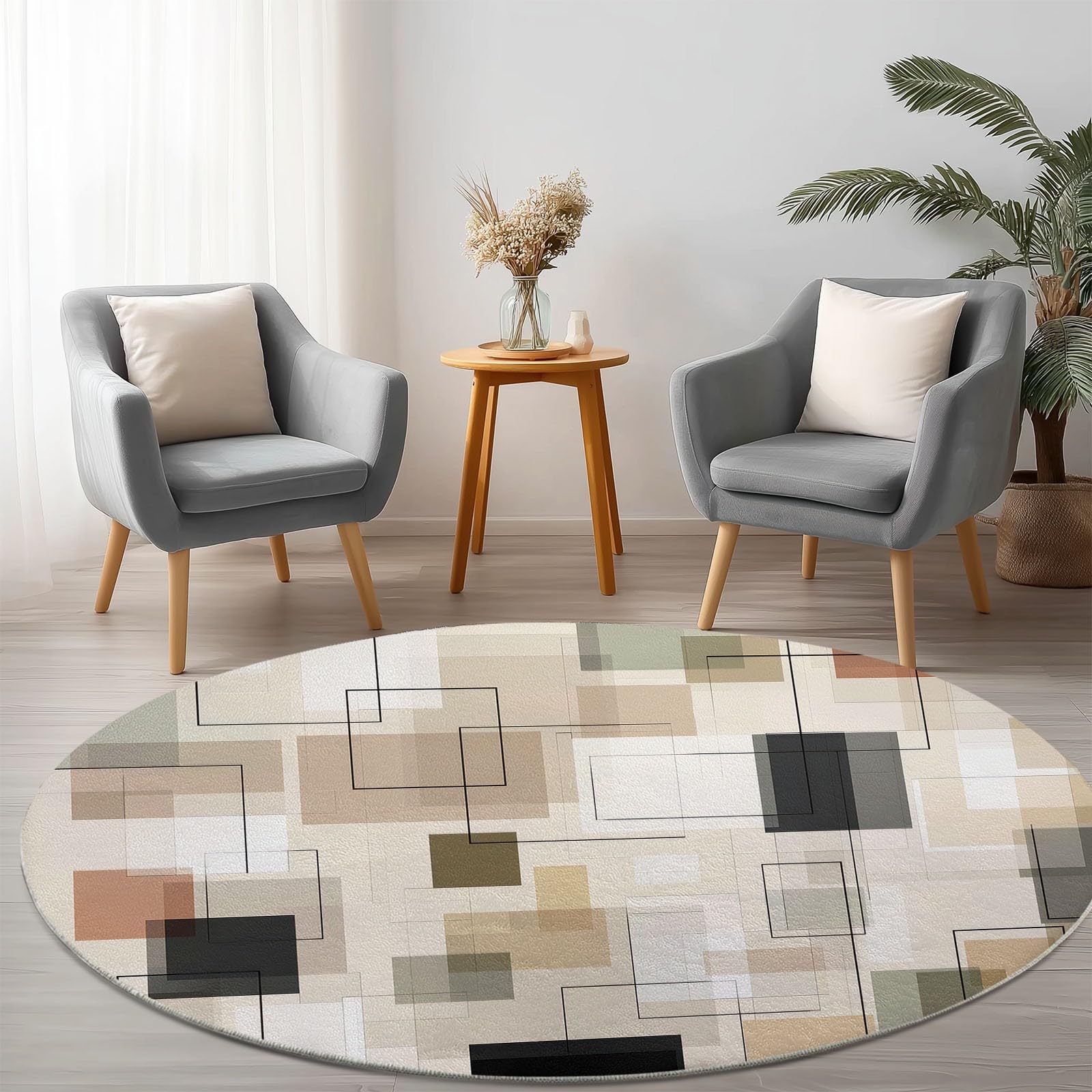 Okrągły dywan do salonu nadający się do prania 220 cm Vintage Tradycyjne geometryczne klocki, mata podłogowa Bohemian Antypoślizgowy dywan - do sypialni, kuchni, balkonu, tarasu, jadalni, pokoju zabaw