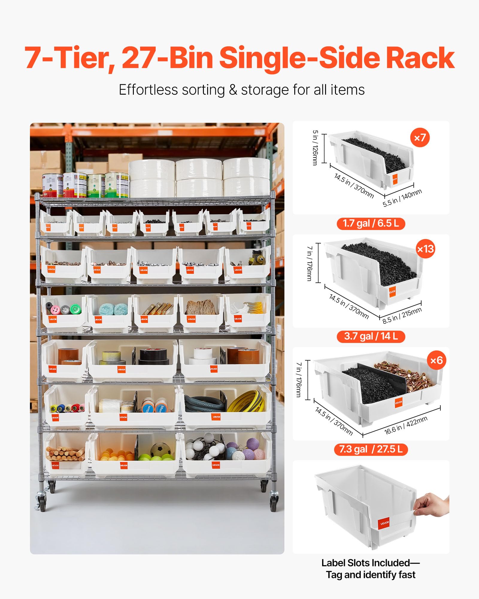 VEVOR Standregal, Lagerregal mit 7 Ebenen & 26 Stapelboxen, Bücherregal, Küchenregal mit Rollen, Fahrregal für Garage, Lager, Büro, Restaurant, Klassenzimmer, Küche, 355x1110x1480 mm