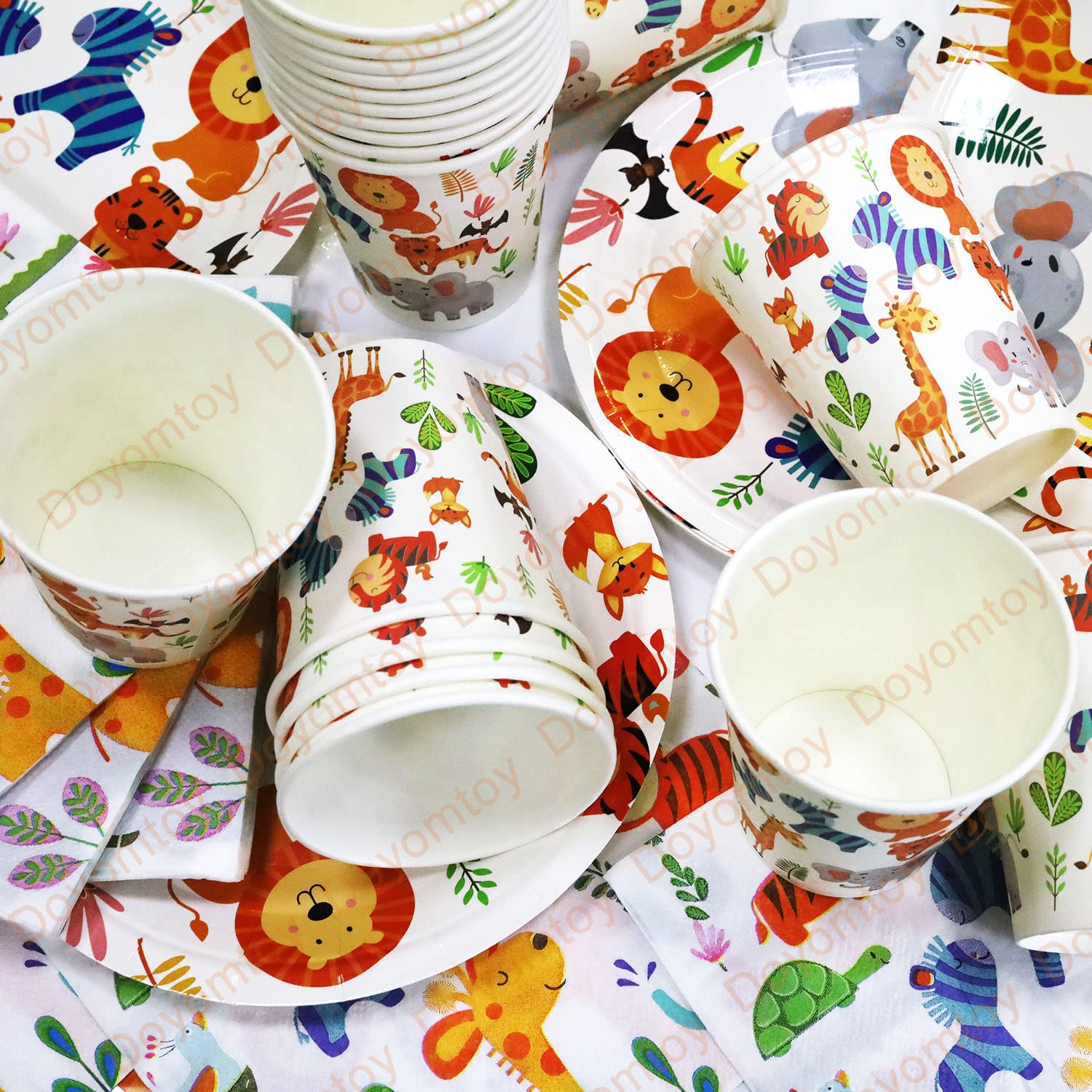 68 Pièces Vaisselle Jetable Animaux Jungle - Assiettes, Gobelets, Serviettes Pour Fête Enfants