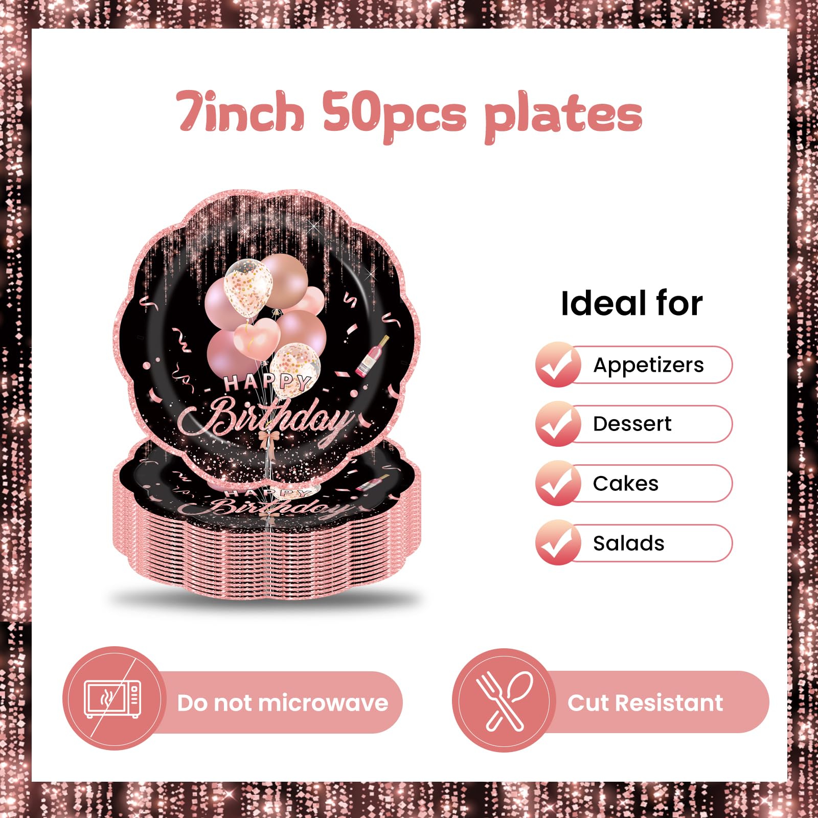 LDFDRT 50 stuks feestservies, verjaardag, papieren borden, 18 cm, feestborden, papier, feest, servies, decoratie voor bruiloft, tuinfeest (roze verjaardag