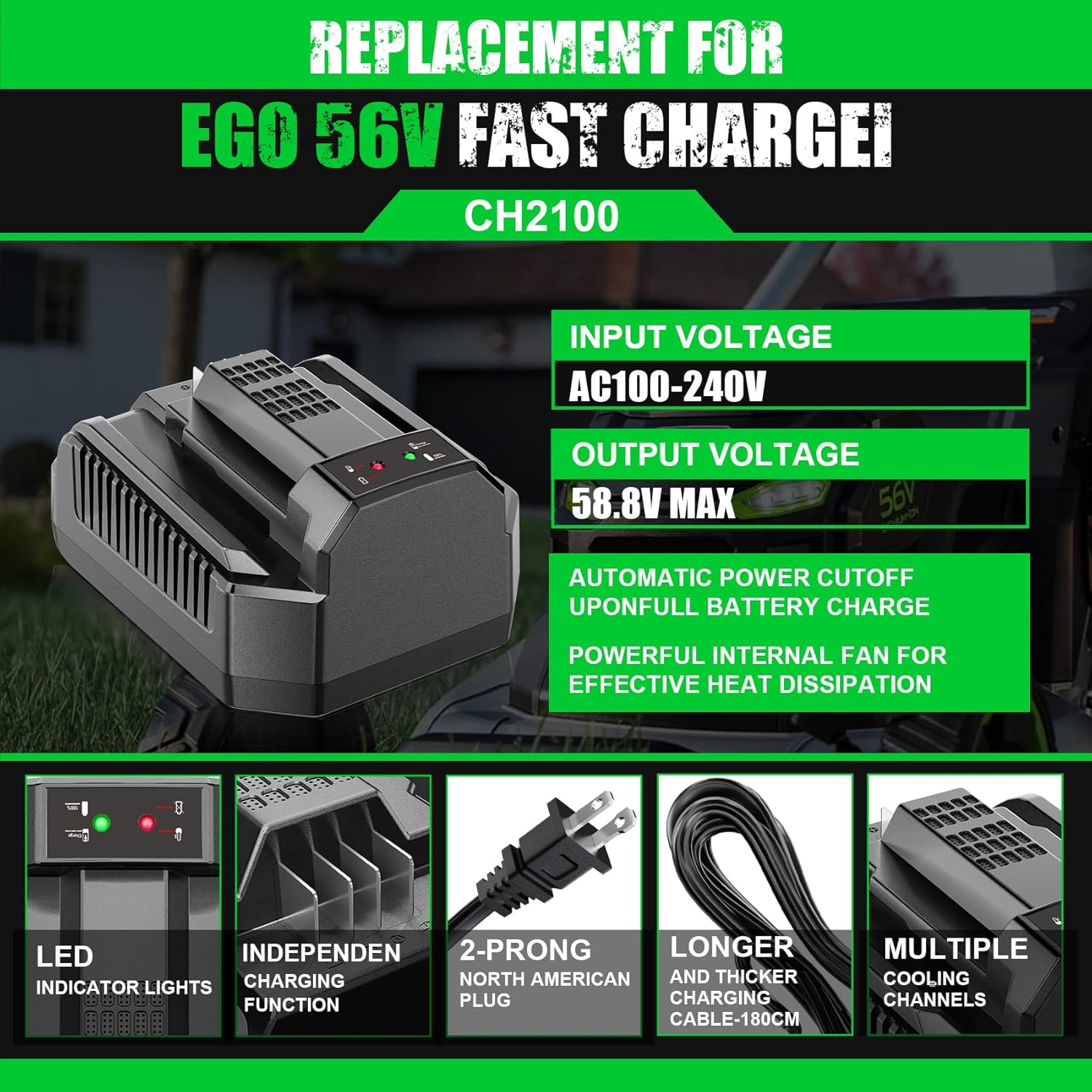 Replacement Rapid Charger for EGO Battery Charger CH2100 for EGO Charger 56V Power+ 280W, Compatible with EGO 56V Battery BA1400 BA2800 BA4200 BA5600 - Image 2