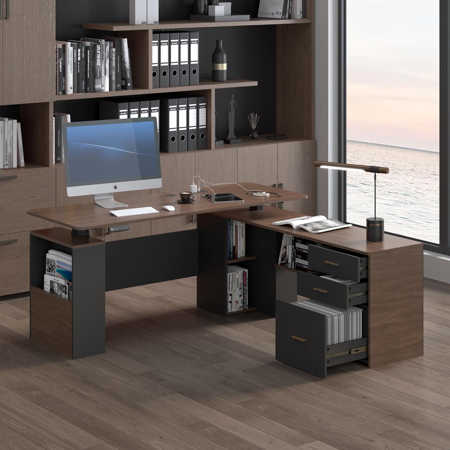 JOMEED 63" L Shaped Electric Standing Desk with Storage, Executive Adjustable Height with Power Outlets and Privacy Panel,Brown and Black