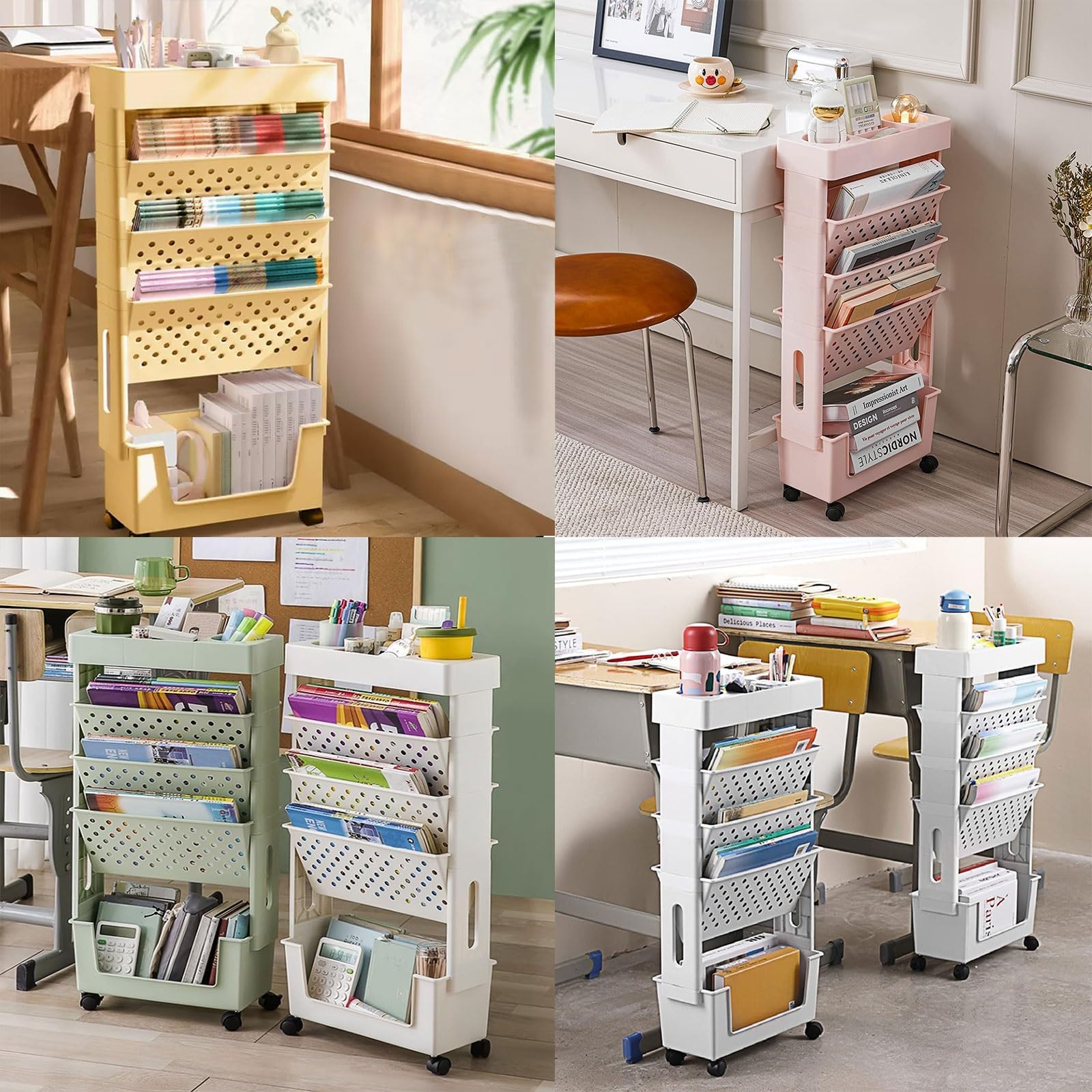 Carrito de libros con ruedas, estante de pie de 5 niveles, carrito rodante multiusos, carrito rodante, carrito móvil, carrito rodante, carrito rodante, ruedas de ahorro para cocina, oficina
