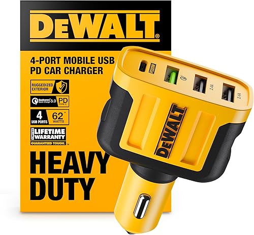 DEWALT Cargador de coche USB C de 4 puertos resistente multipuerto, adaptador rápido de encendedor de cigarrillos USB de 60 W, cargador de teléfono