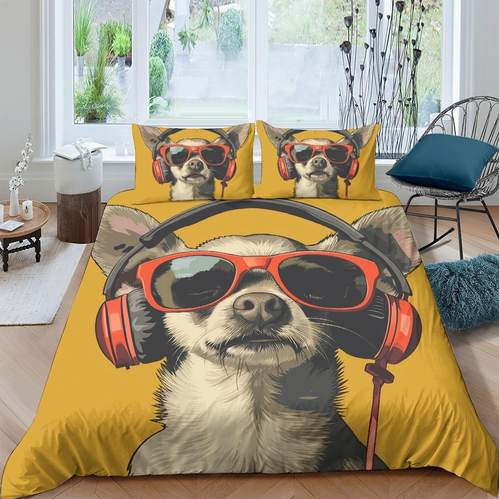 GPLZQXKJNH 3D Printed Dog with Headphones Duvet Cover Set Microfiber Soft Yellow Bedding Set with 2 Pillowcases for Bedroom Decor Single（135x200cm）