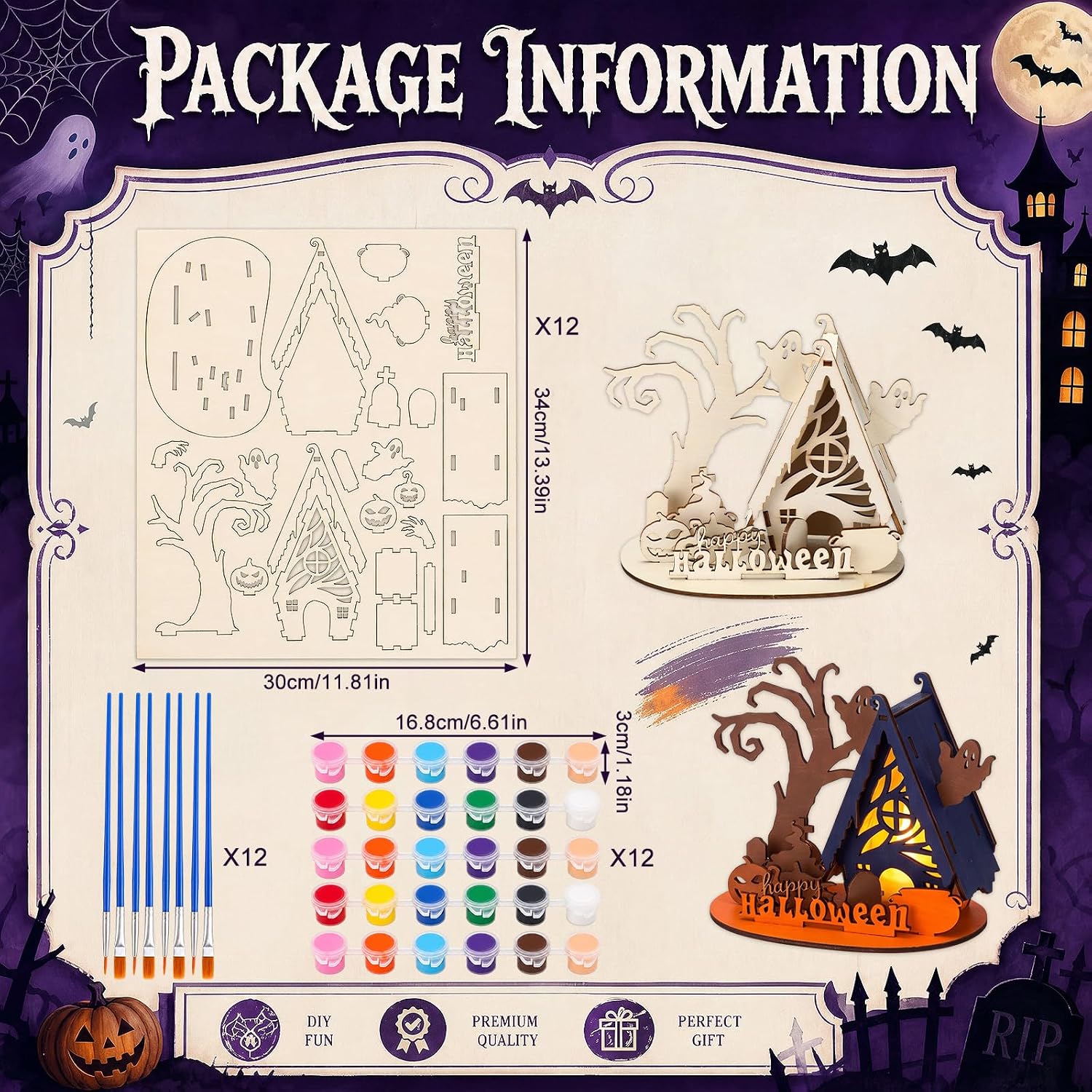 Gerrii 12 Sets Halloween Wooden Craft Kit Paint Your Own 3D Haunted House