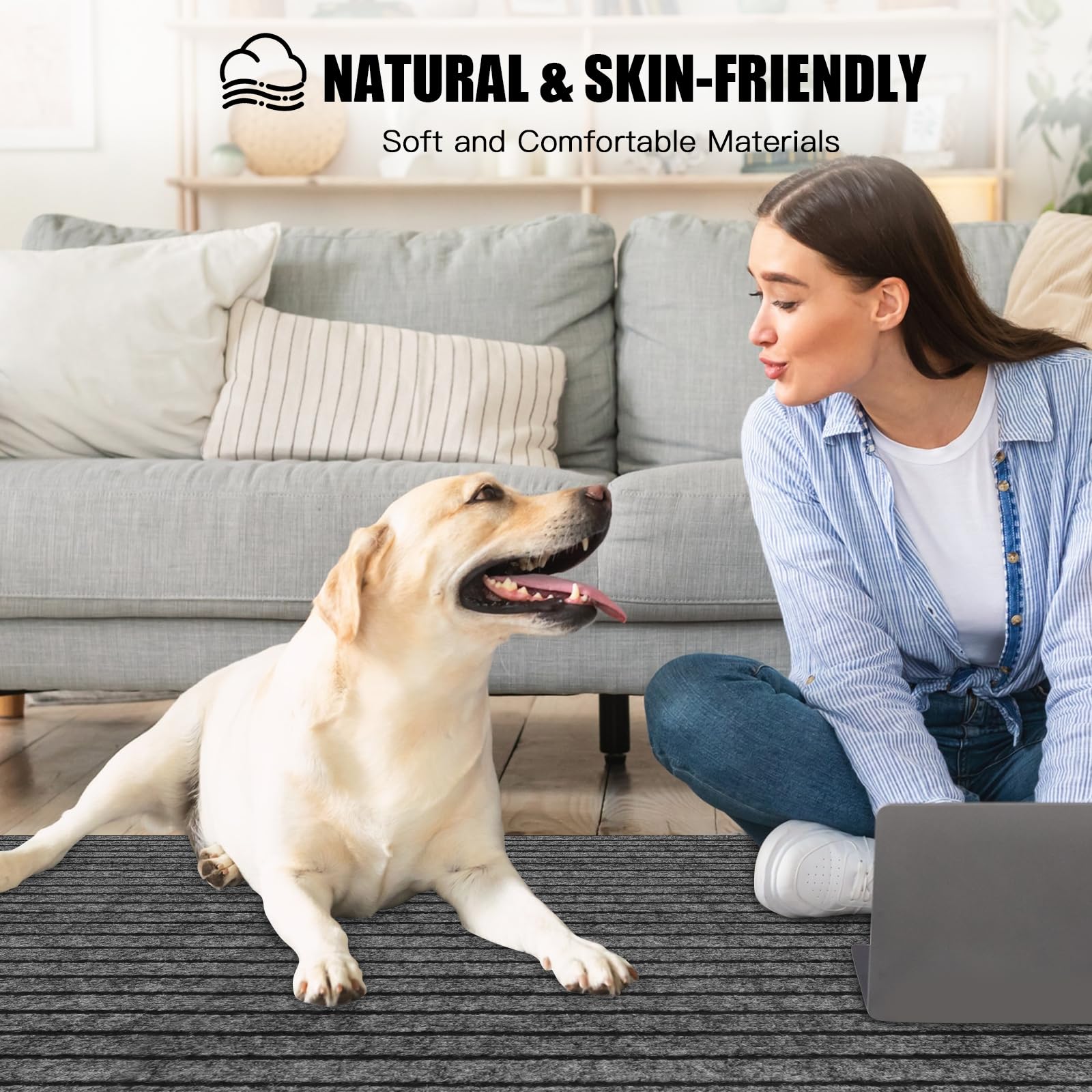 Runner Rug 2' x 6' Outdoor/Indoor, Rug with Natural Rubber Backing Non Slip for Hallway, Kitchen, Patio, Laundry, RV, Entryway, Garage, Bathroom, Area Rug Carpet, Grey Strip, Custom Size