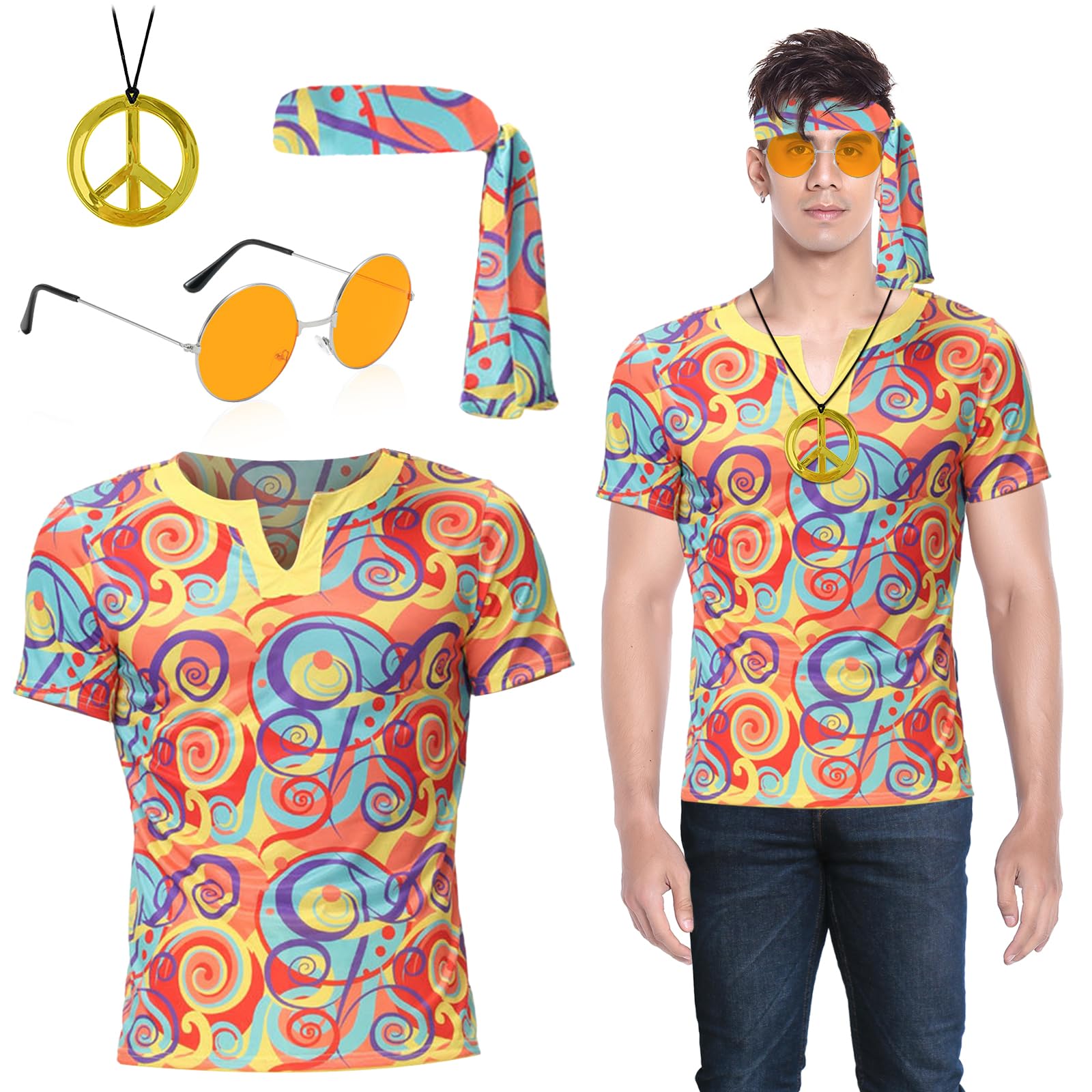 70s Disfraz Hippie Hombre, Disfraz Carnaval Hombre, Disfraces Halloween Hombre, 60s Disco Costumes Adulto Fiesta Accesorios Set Camiseta Venda Colgante