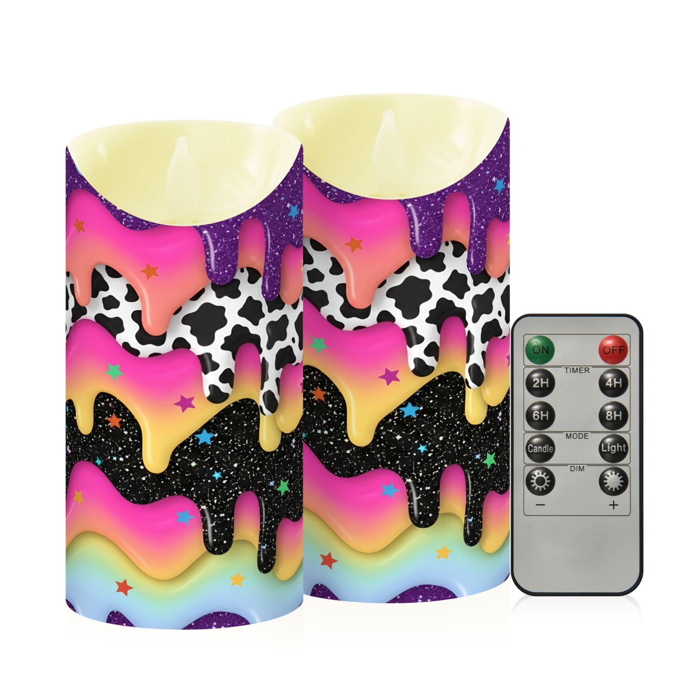 Kutsu Colorful Drip Flameless Candles Set of 2, Battery Operated LED Flickering Candles with Remote and Timer, Plastic Pillar Candles for Home Wedding Decor