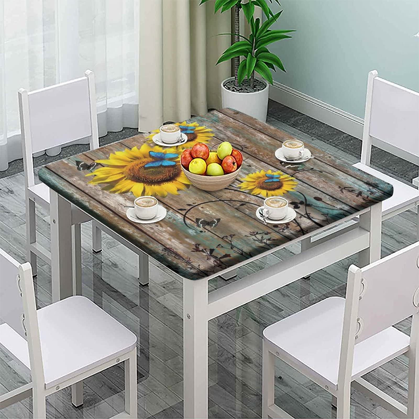 Square Fitted Tablecloth with Elastic, Waterproof Farmhouse Rustic Tablecloths for Outdoor Camping Picnic, Daisy Print Fabric Wipeable Table Cloths Fits Tables up to 40