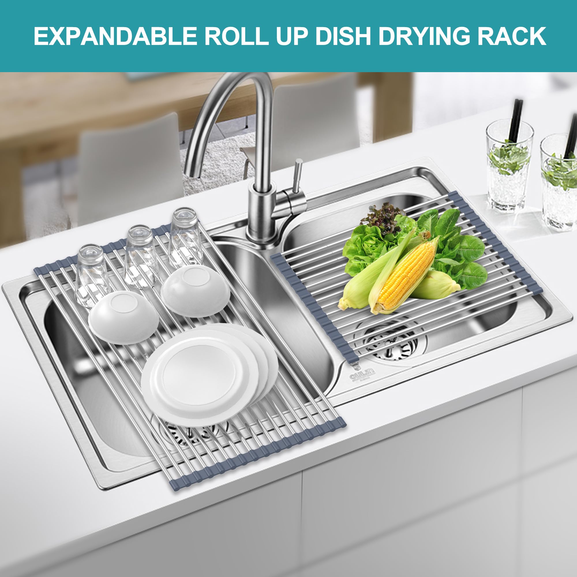 BBXTYLY Escurridor de platos enrollable expandible, cubierta para escurridor de cocina, accesorios para fregadero de cocina, escurridor de acero inoxidable, plegable, enrollable (gris, 25.1 a 12.4