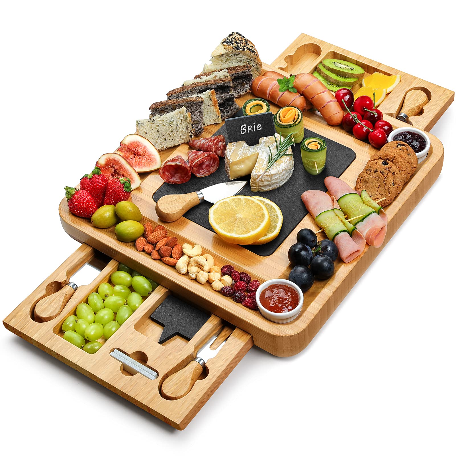 Easoger Large Charcuterie Board (28"Ã—13"Ã—1.6") with 2 Drawers, Bamboo