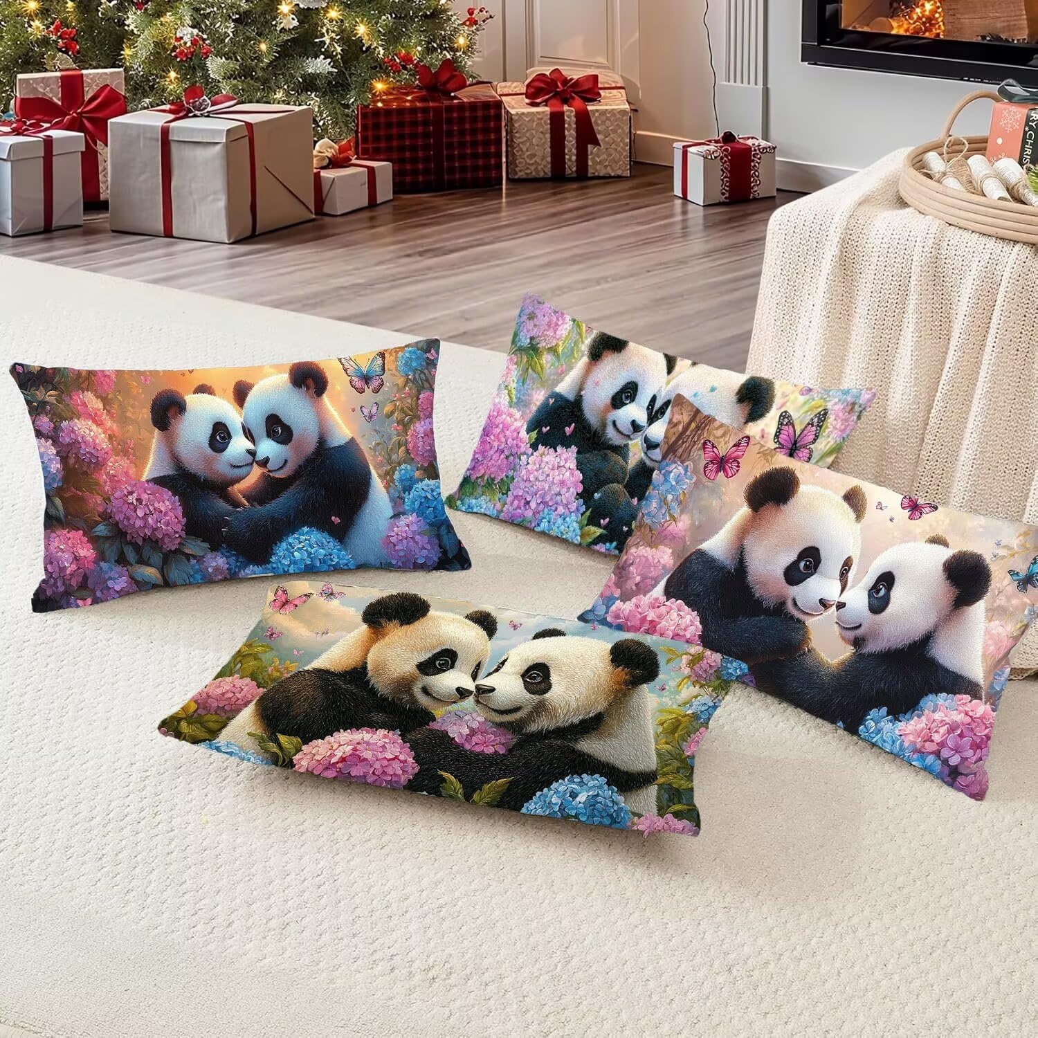 Zestaw 4 poszewek na poduszki 40 x 80 cm, poszewki na poduszki dekoracyjne kwiaty haft panda prostokątna pościel pościel na sofę krzesło do sypialni na zewnątrz wystrój poduszki R-876